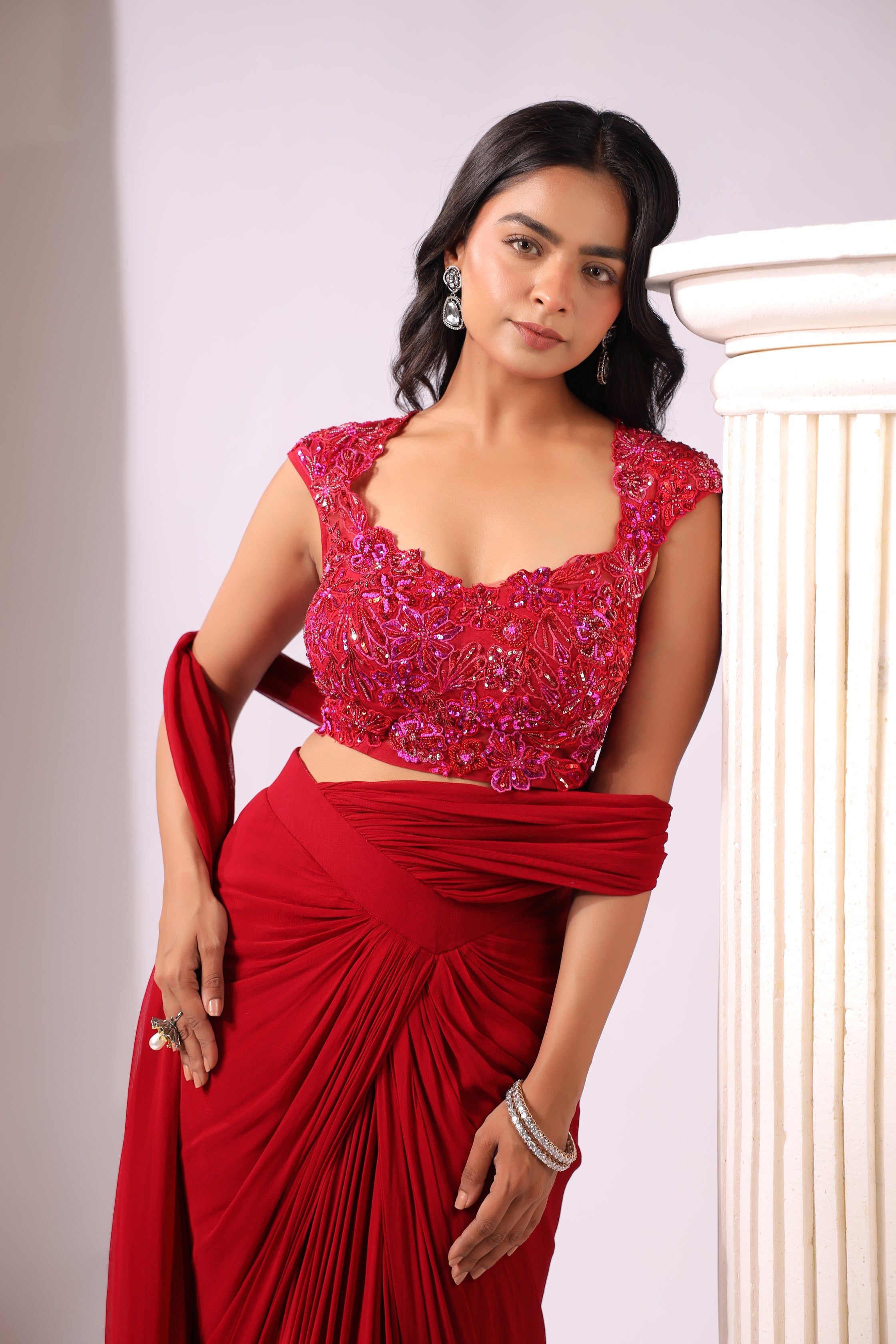 RED DRAPE SAREE WITH APPLIQUE FLORAL WORK BLOUSE
