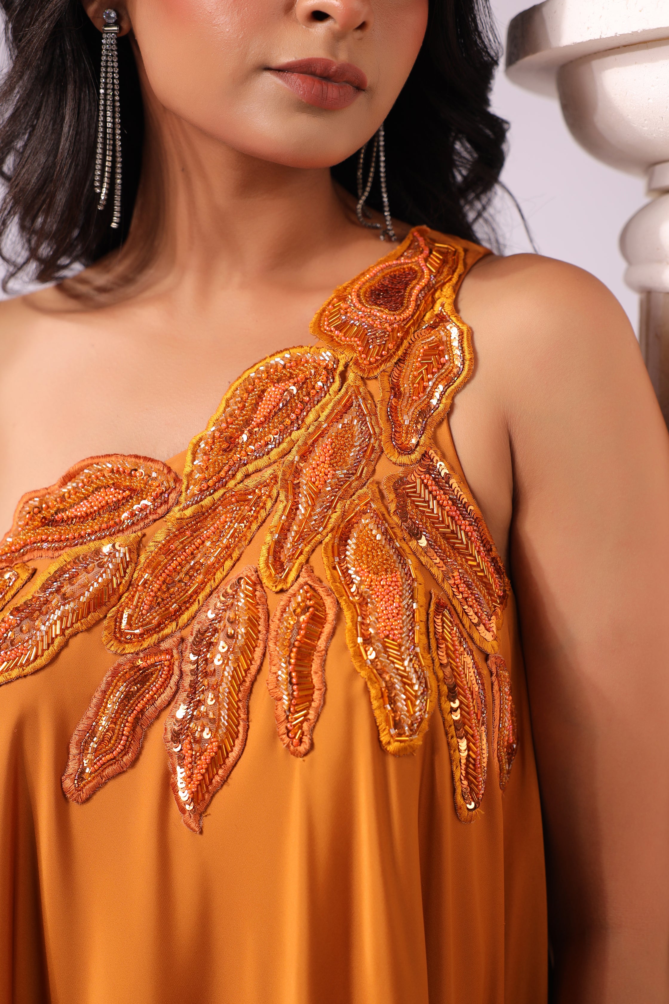ORANGE ONE SHOULDER APPLIQUE ASSYMETRIC DRESS
