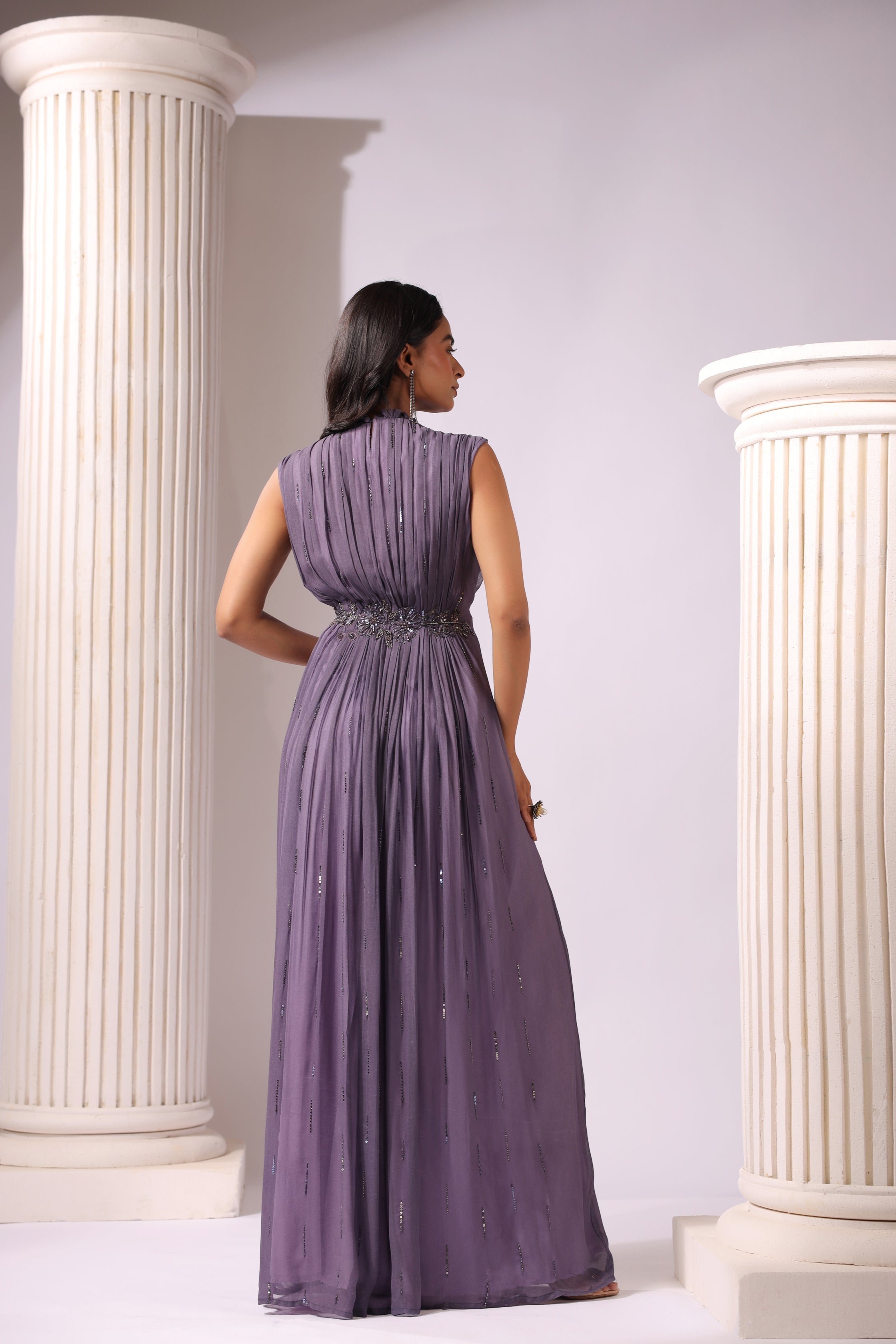 VOILET GEORGETTE GOWN WITH APPLIQUE FLOWERS AT THE WAIST