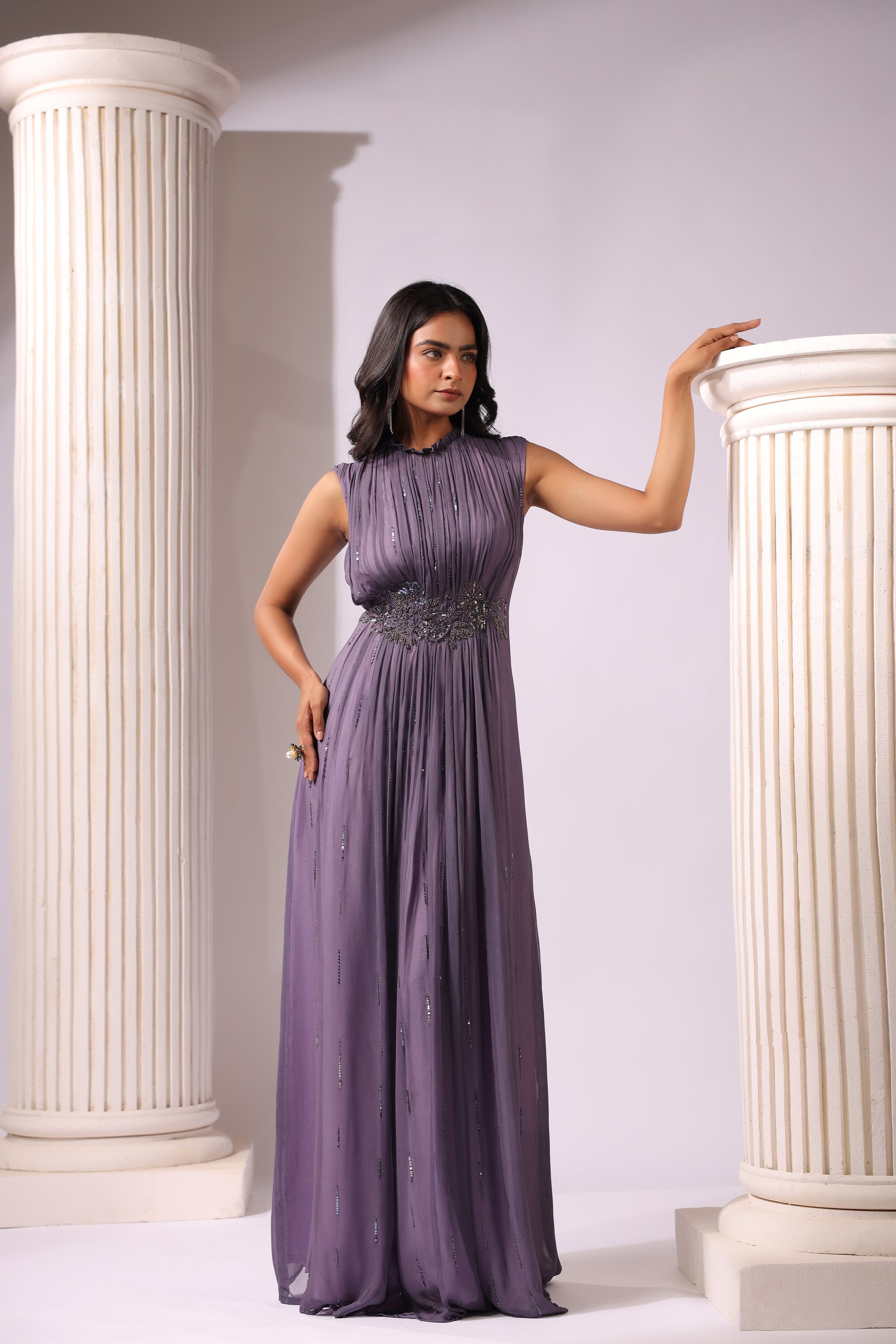 VOILET GEORGETTE GOWN WITH APPLIQUE FLOWERS AT THE WAIST