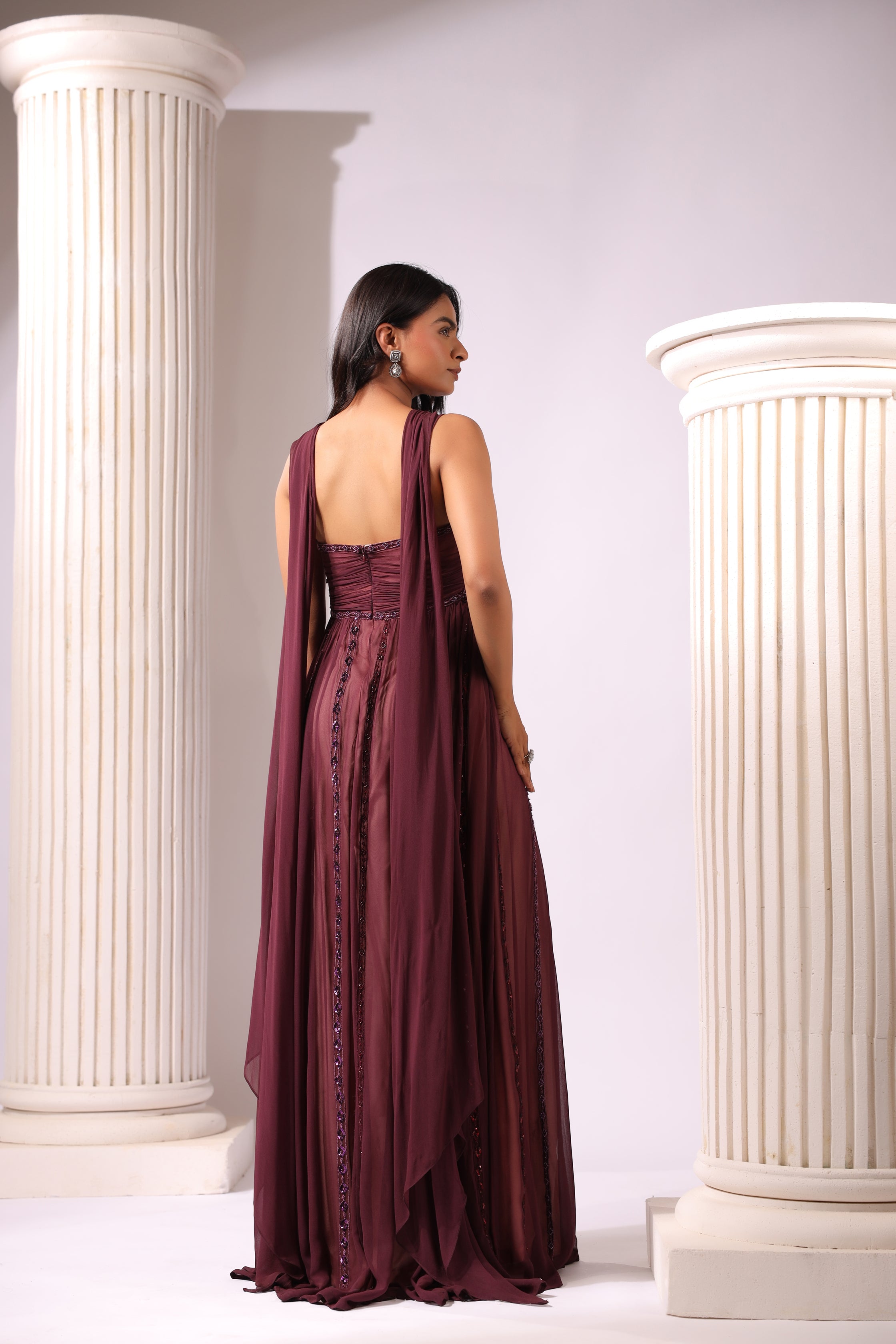 WINE EMBROIDERD DRAPED GOWN