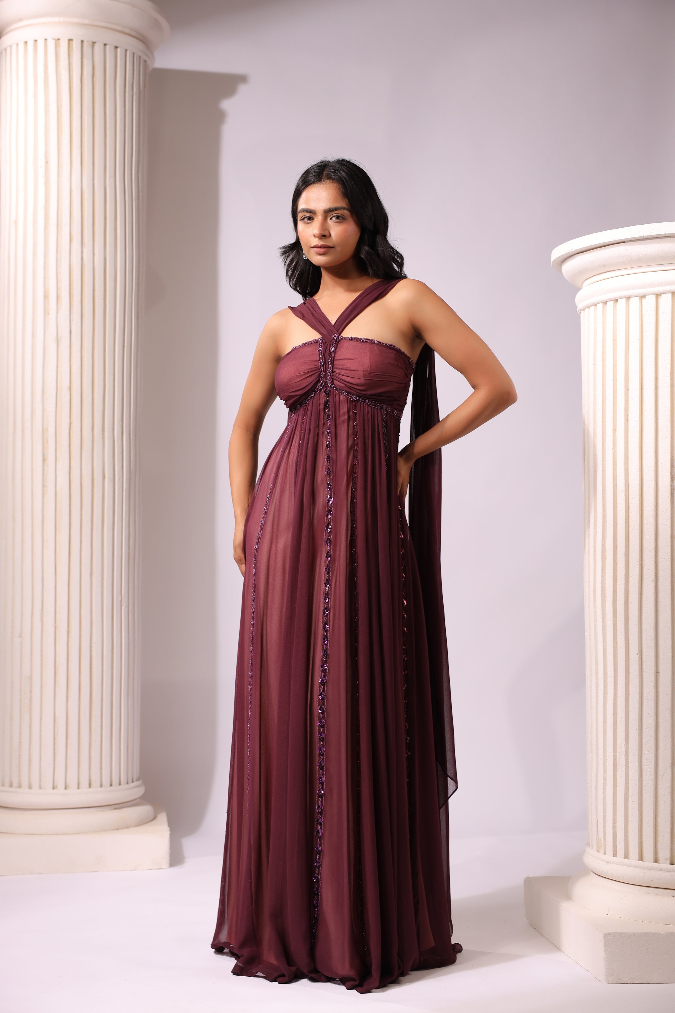 WINE EMBROIDERD DRAPED GOWN