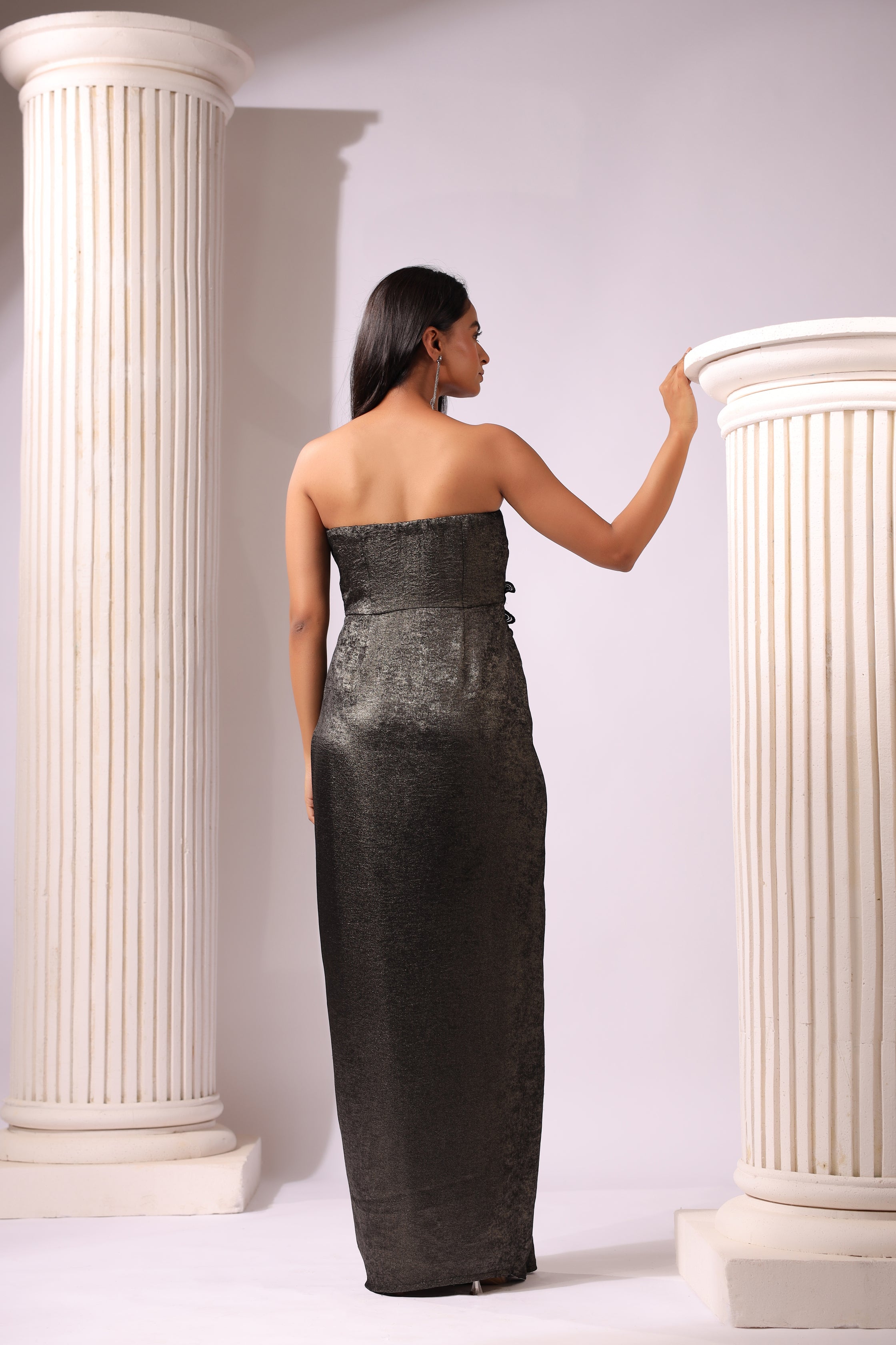 SHIMMER BLACK DRAPED GOWN WITH 3D APPLIQUE MOTIFS AROUND THE WAIST