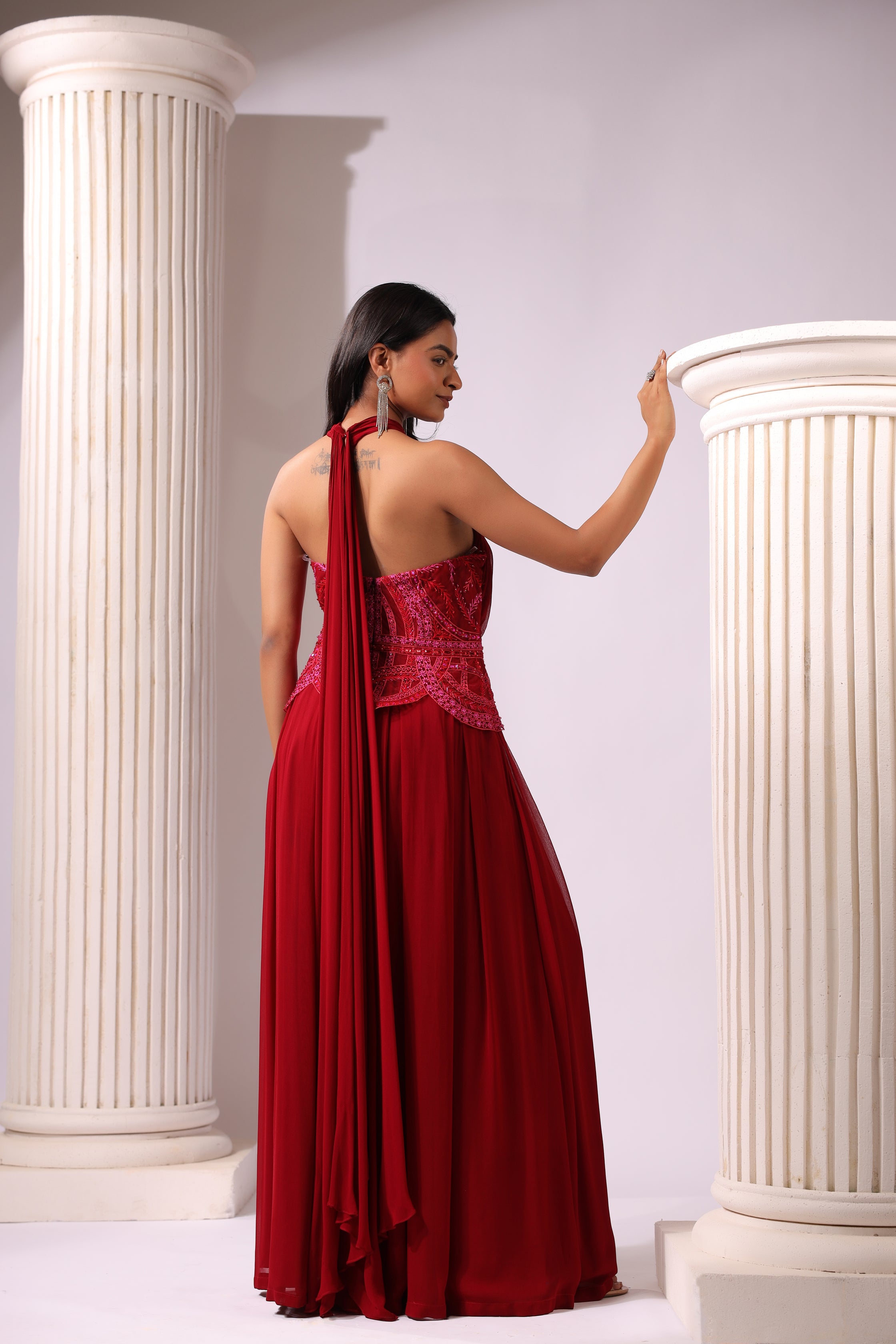 RED CRISS CROSS DRAPED EMBROIDERED GOWN