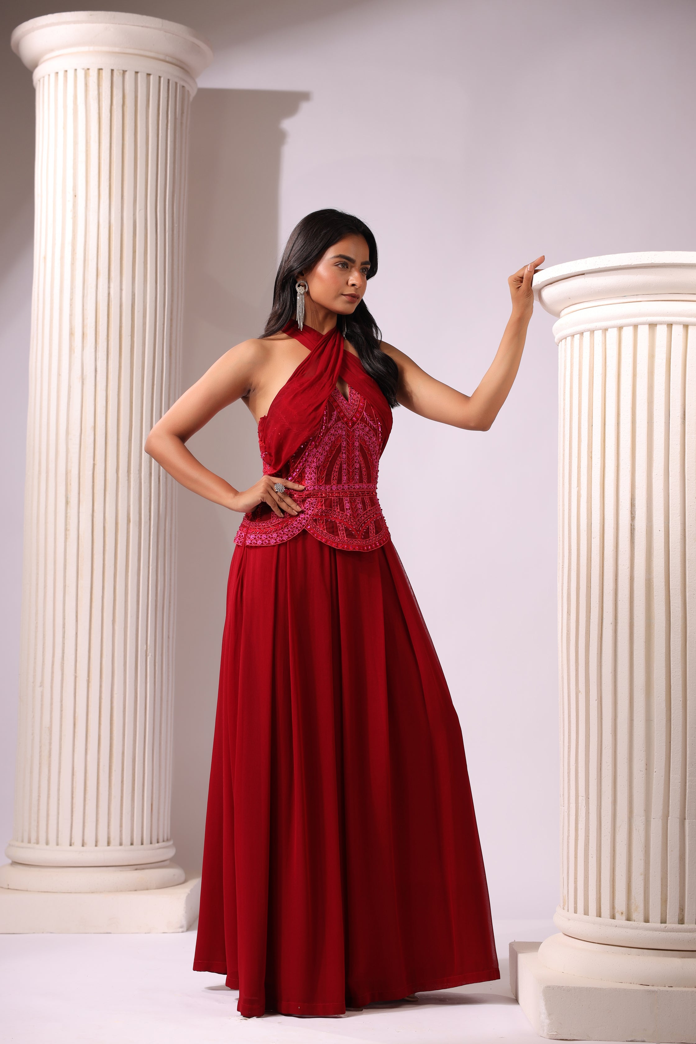 RED CRISS CROSS DRAPED EMBROIDERED GOWN