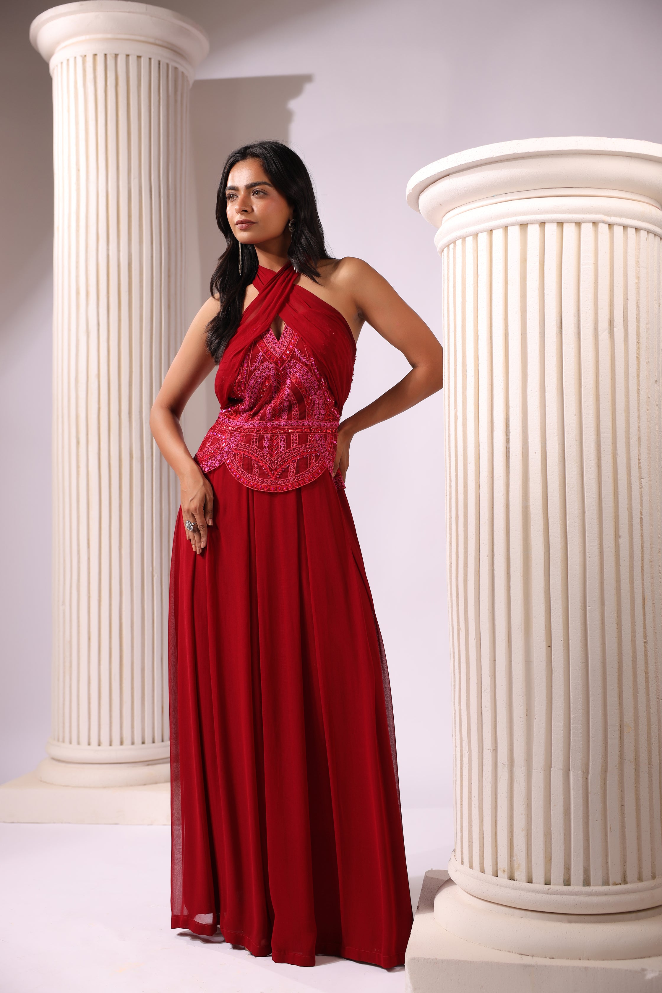 RED CRISS CROSS DRAPED EMBROIDERED GOWN