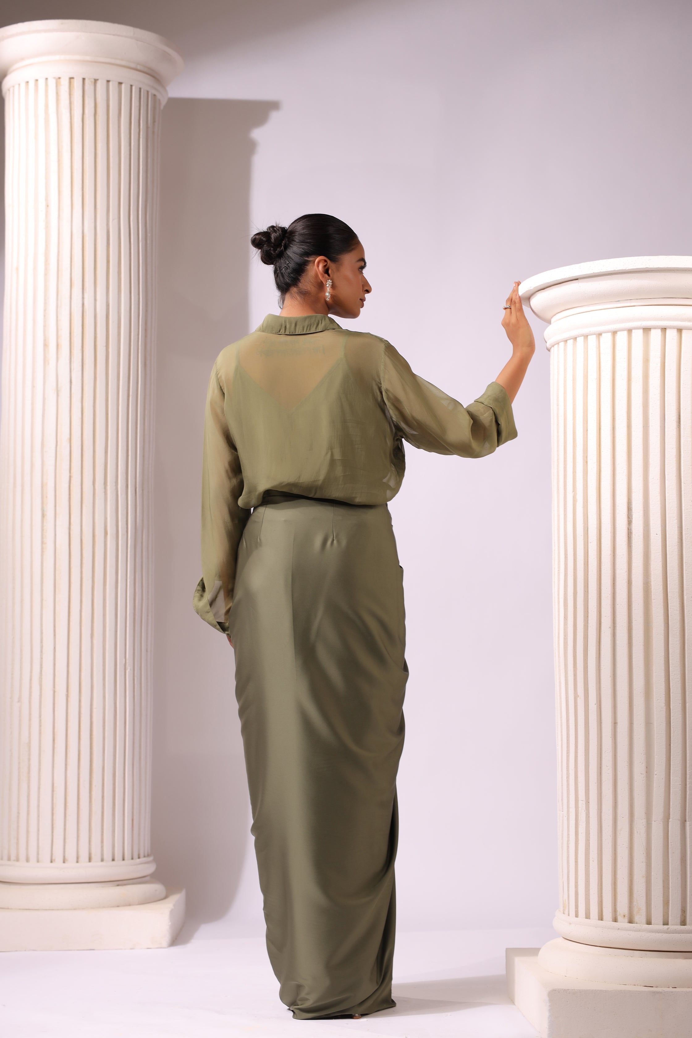 OLIVE GREEN ORGANZA EMBROIDERED TOP DRAPED SATIN SKIRT