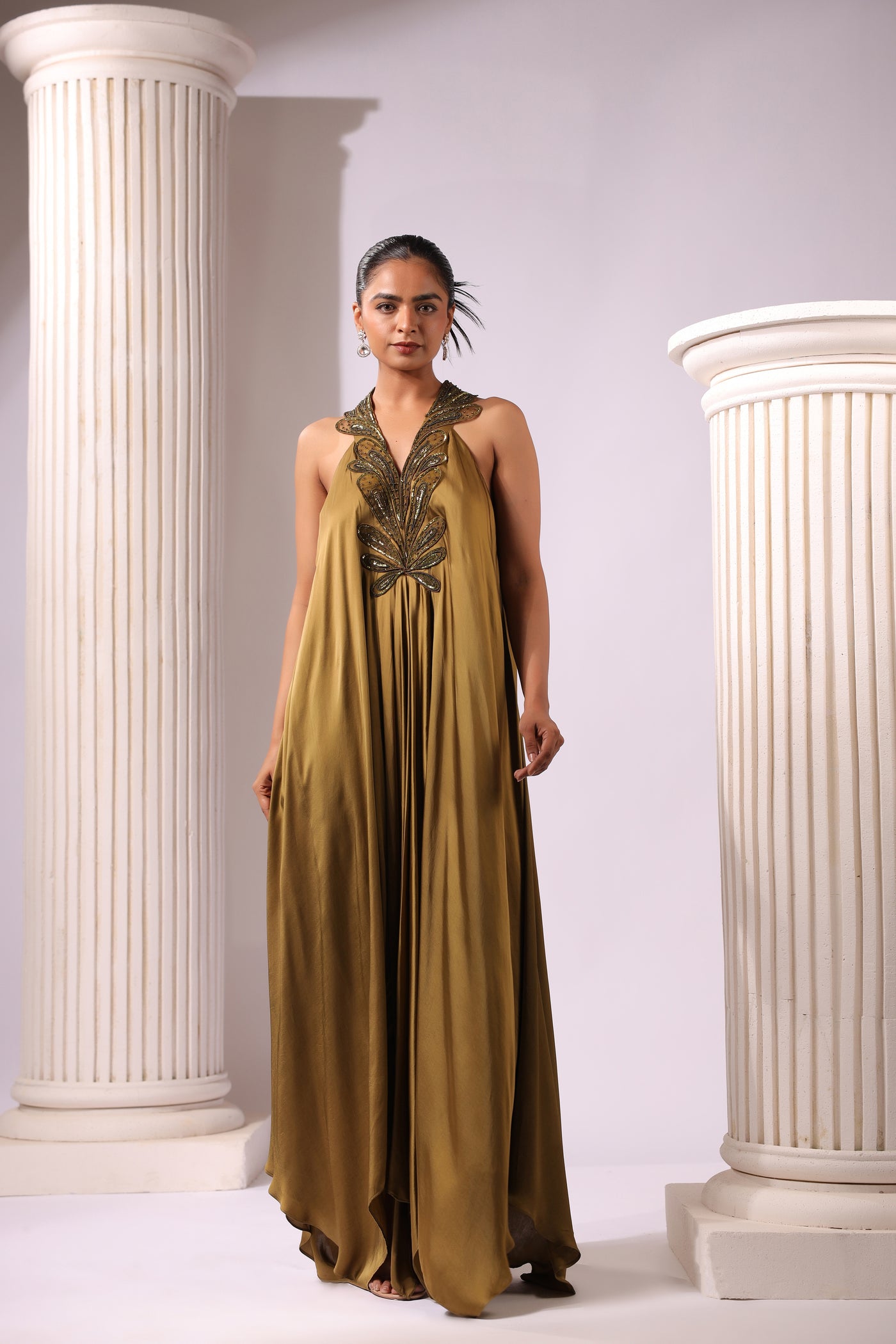 OLIVE GREEN SATIN ASSYMETRIC APPLIQUE WORK DRESS K.Anshika OLIVE GREEN SATIN ASSYMETRIC APPLIQUE WORK DRESS K.Anshika