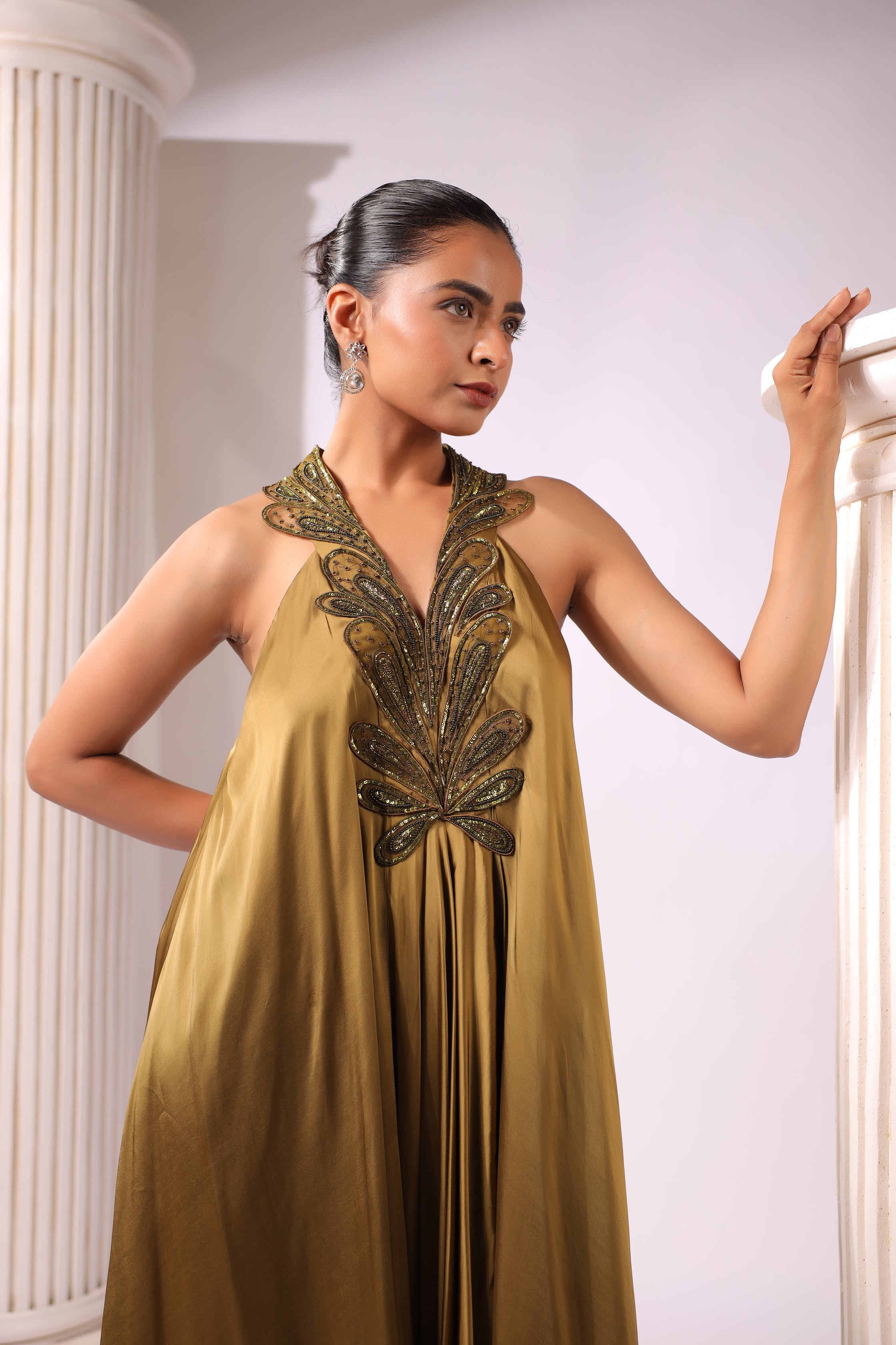 OLIVE GREEN SATIN ASSYMETRIC APPLIQUE WORK DRESS