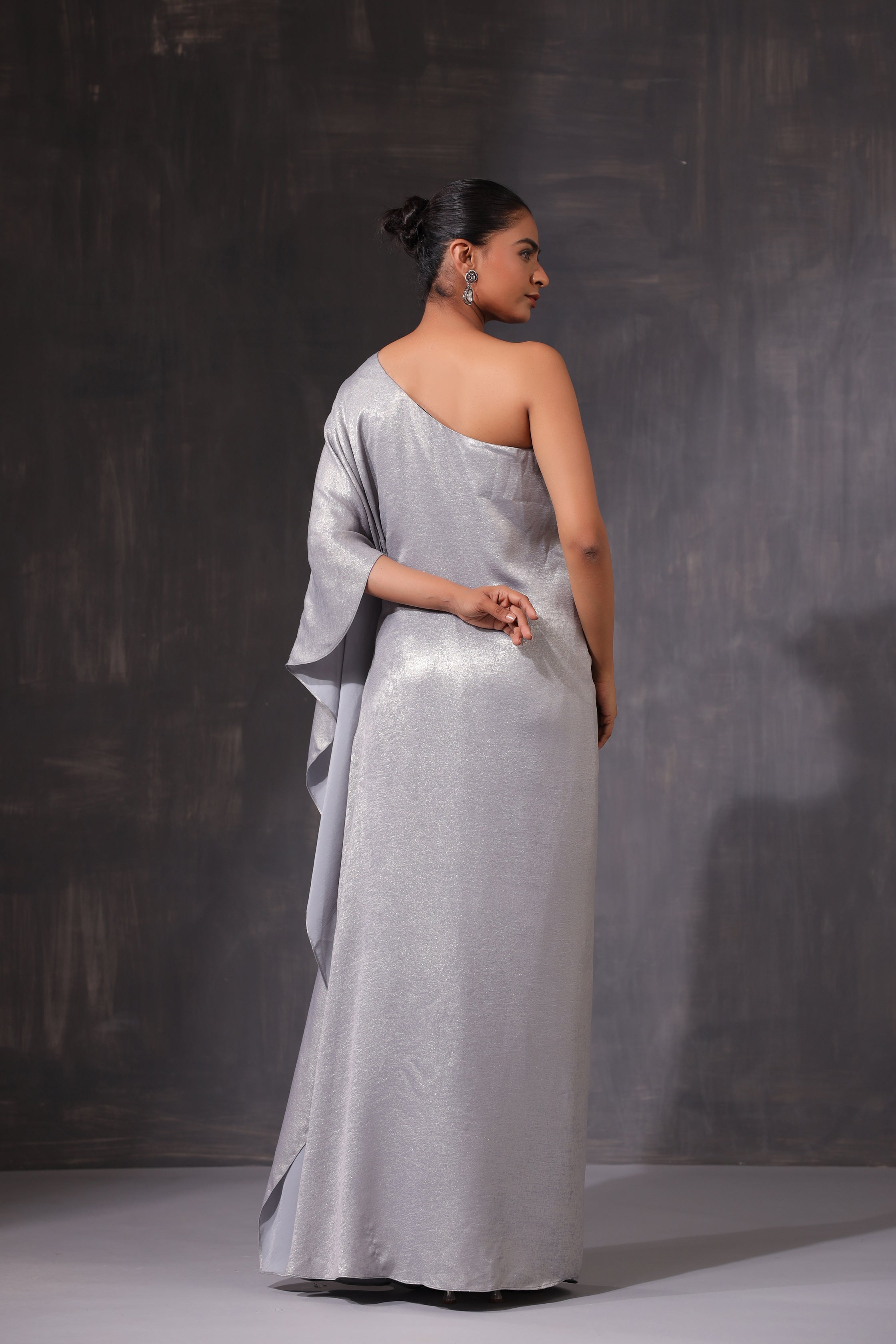 GREY SHIMMER ONE SHOULDER DRAPED GOWN WITH 3D APPLIQUE WORK
