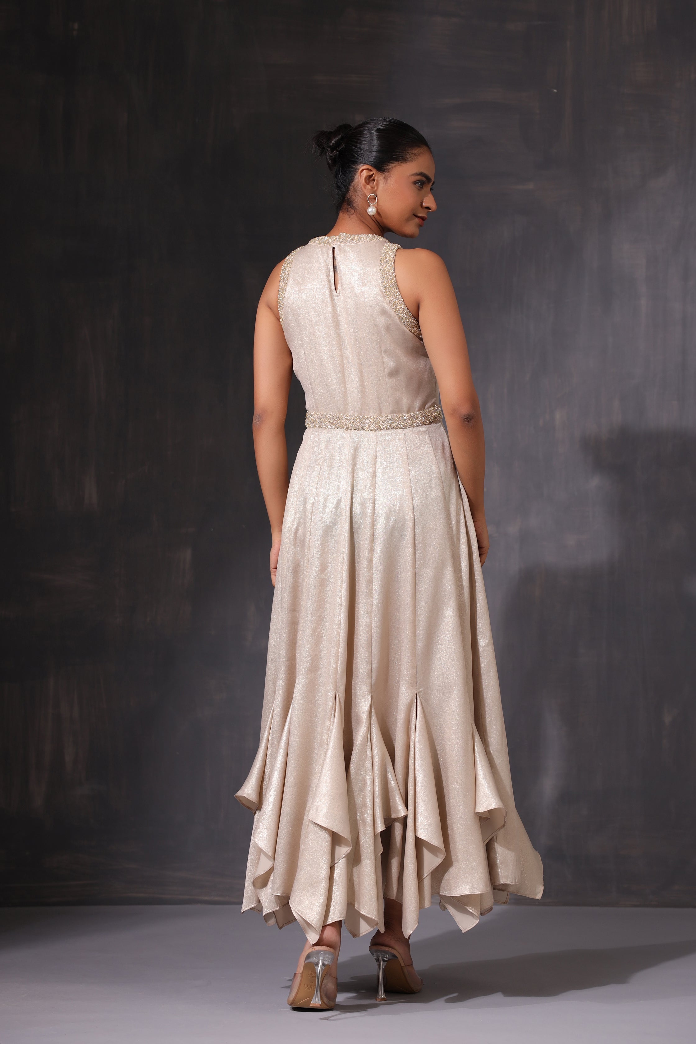 CREAM PEARL WORK RUFFLE ASSYMETRIC DRESS