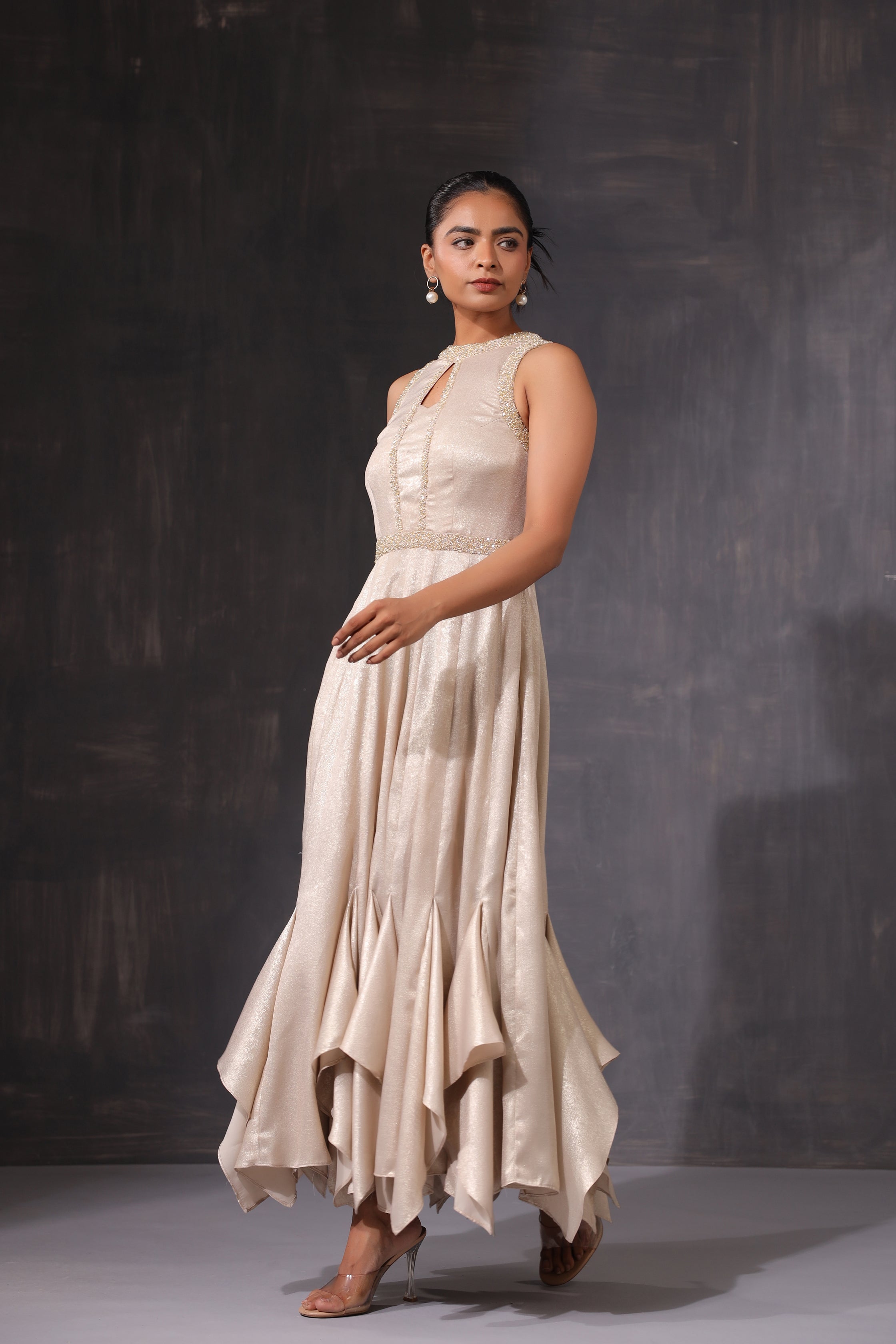 CREAM PEARL WORK RUFFLE ASSYMETRIC DRESS