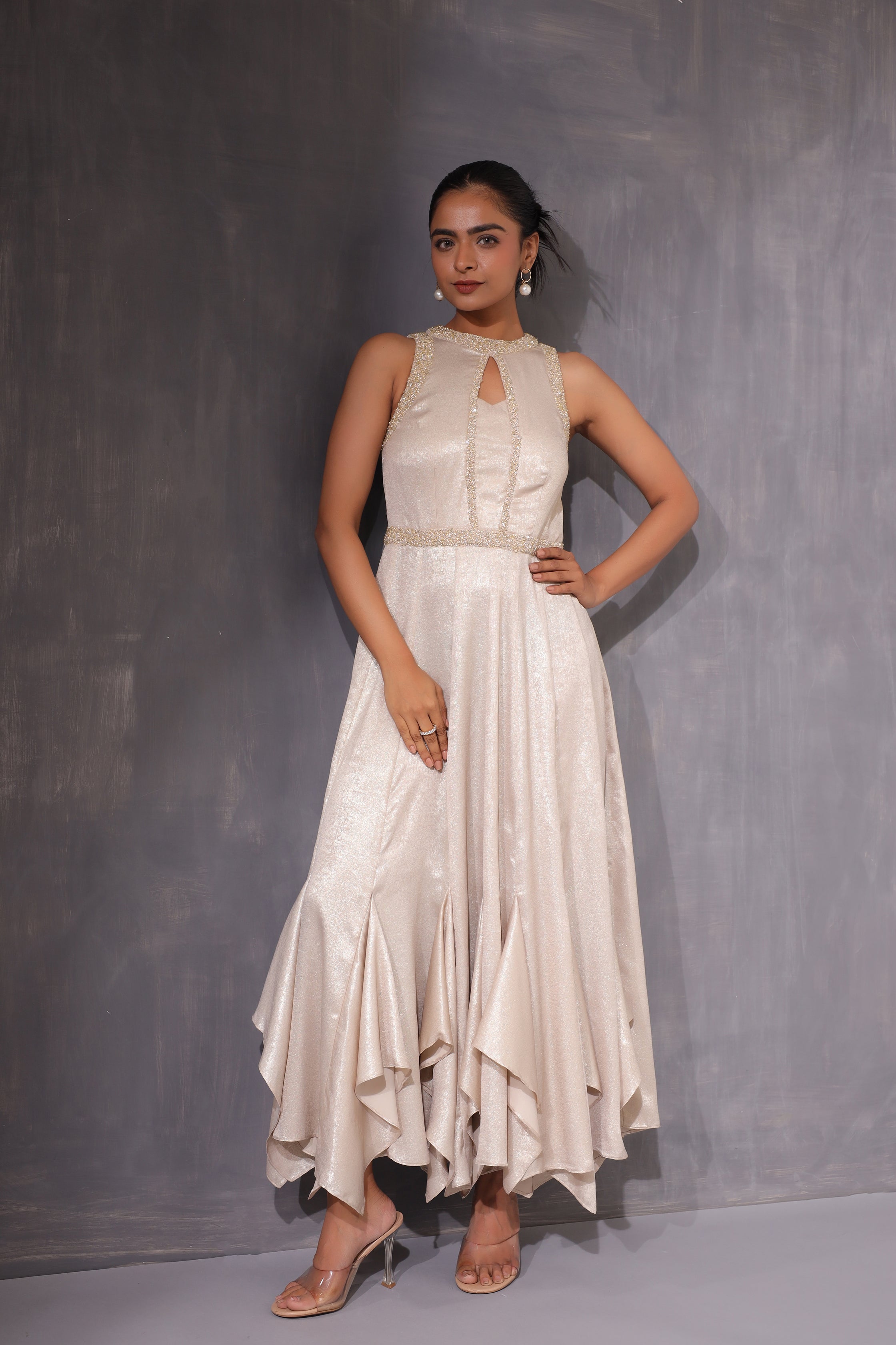 CREAM PEARL WORK RUFFLE ASSYMETRIC DRESS