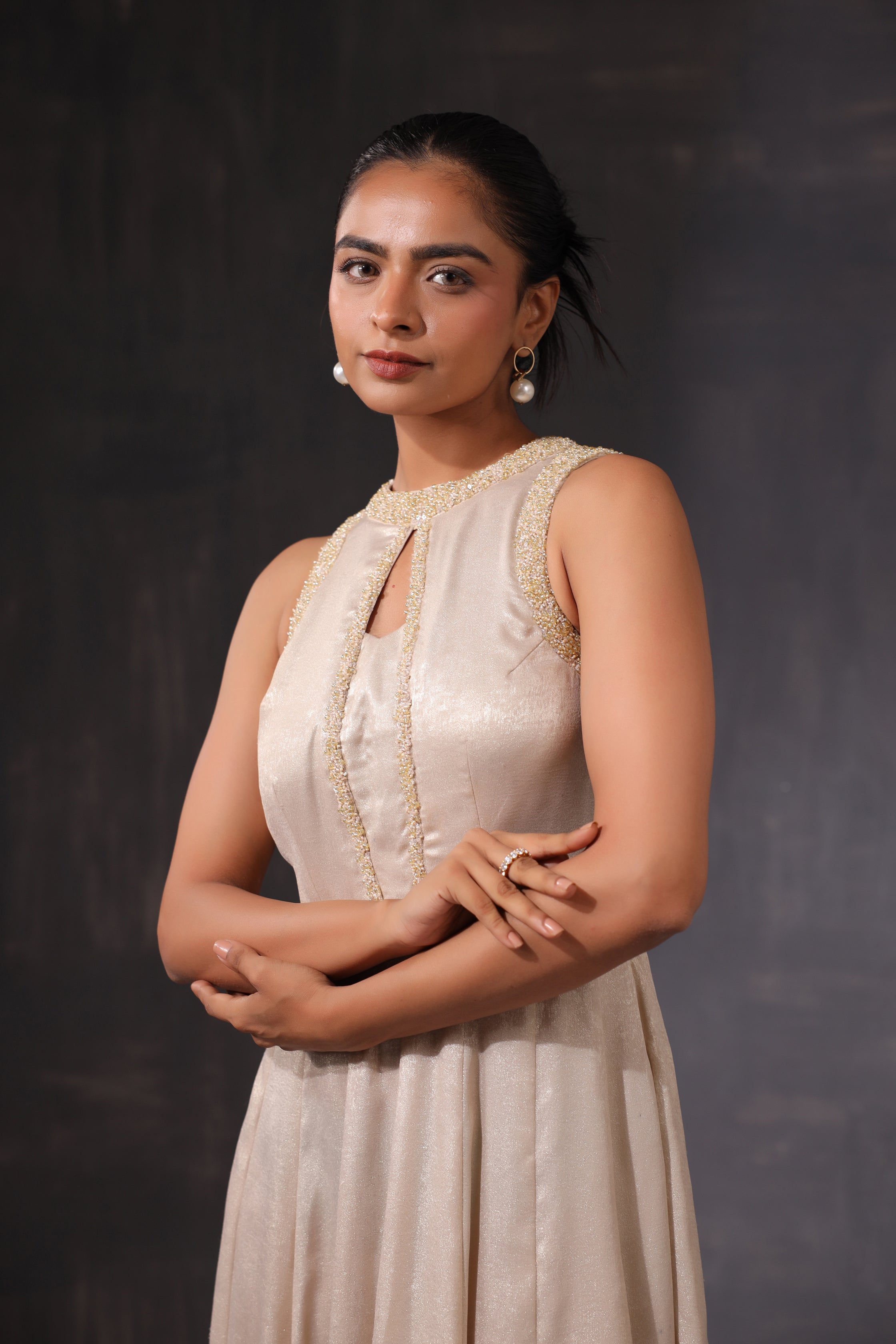 CREAM PEARL WORK RUFFLE ASSYMETRIC DRESS