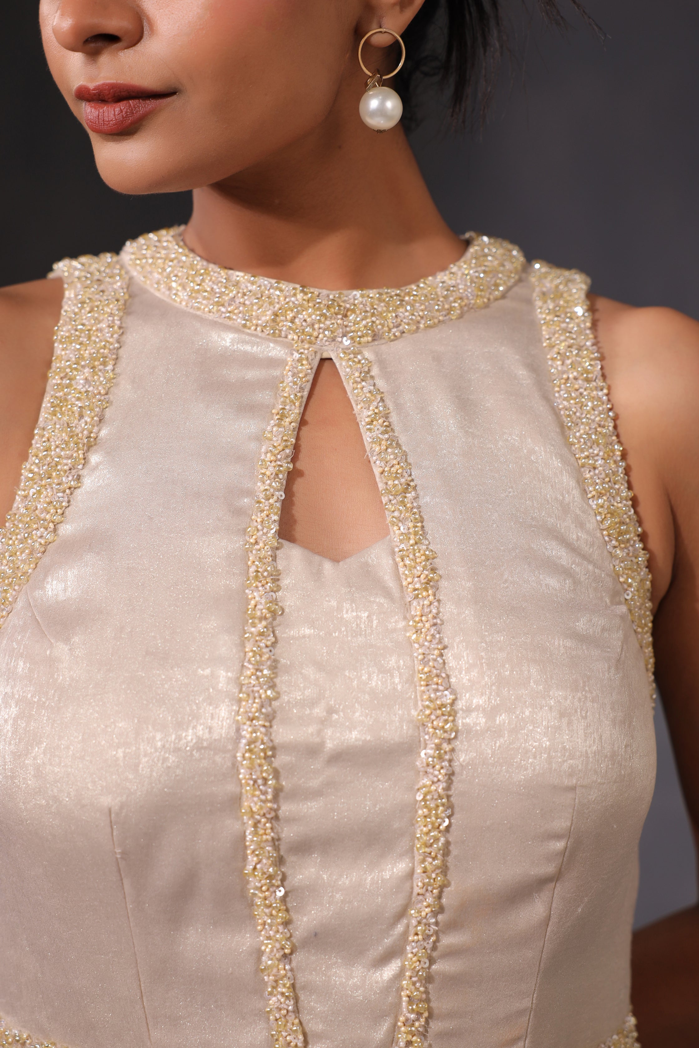 CREAM PEARL WORK RUFFLE ASSYMETRIC DRESS