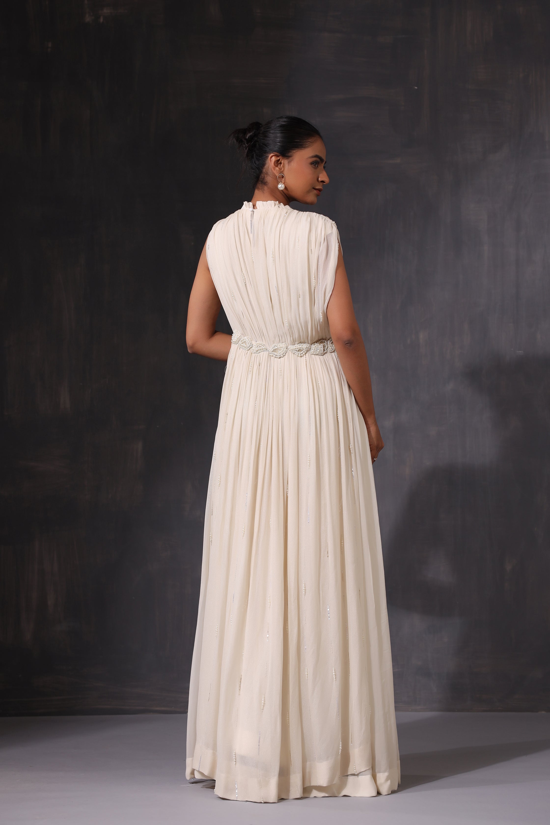 OFF WHITE GEORGETTE PEARL GOWN