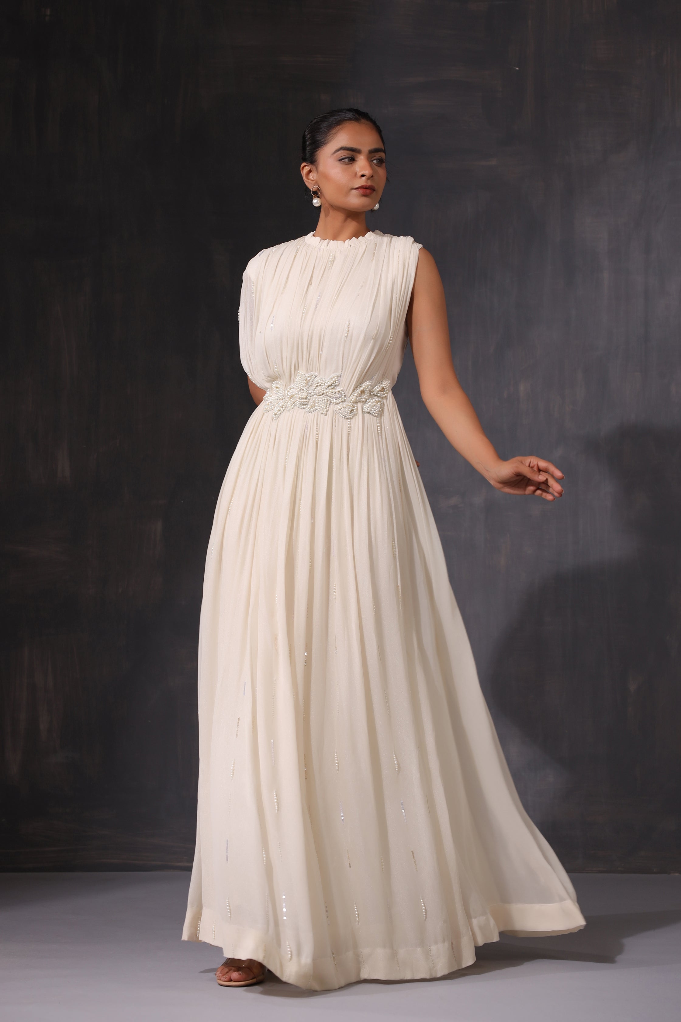 OFF WHITE GEORGETTE PEARL GOWN