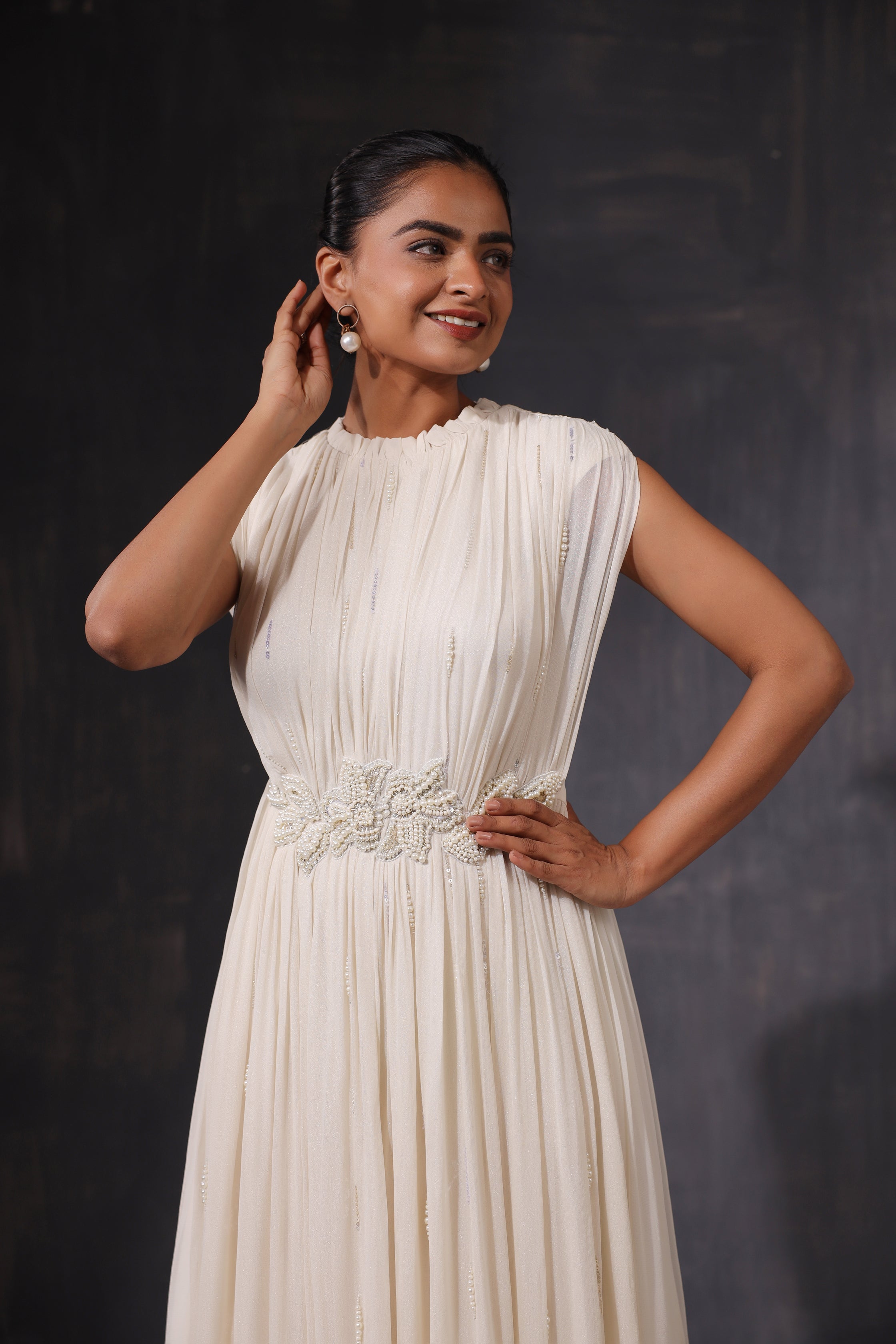 OFF WHITE GEORGETTE PEARL GOWN