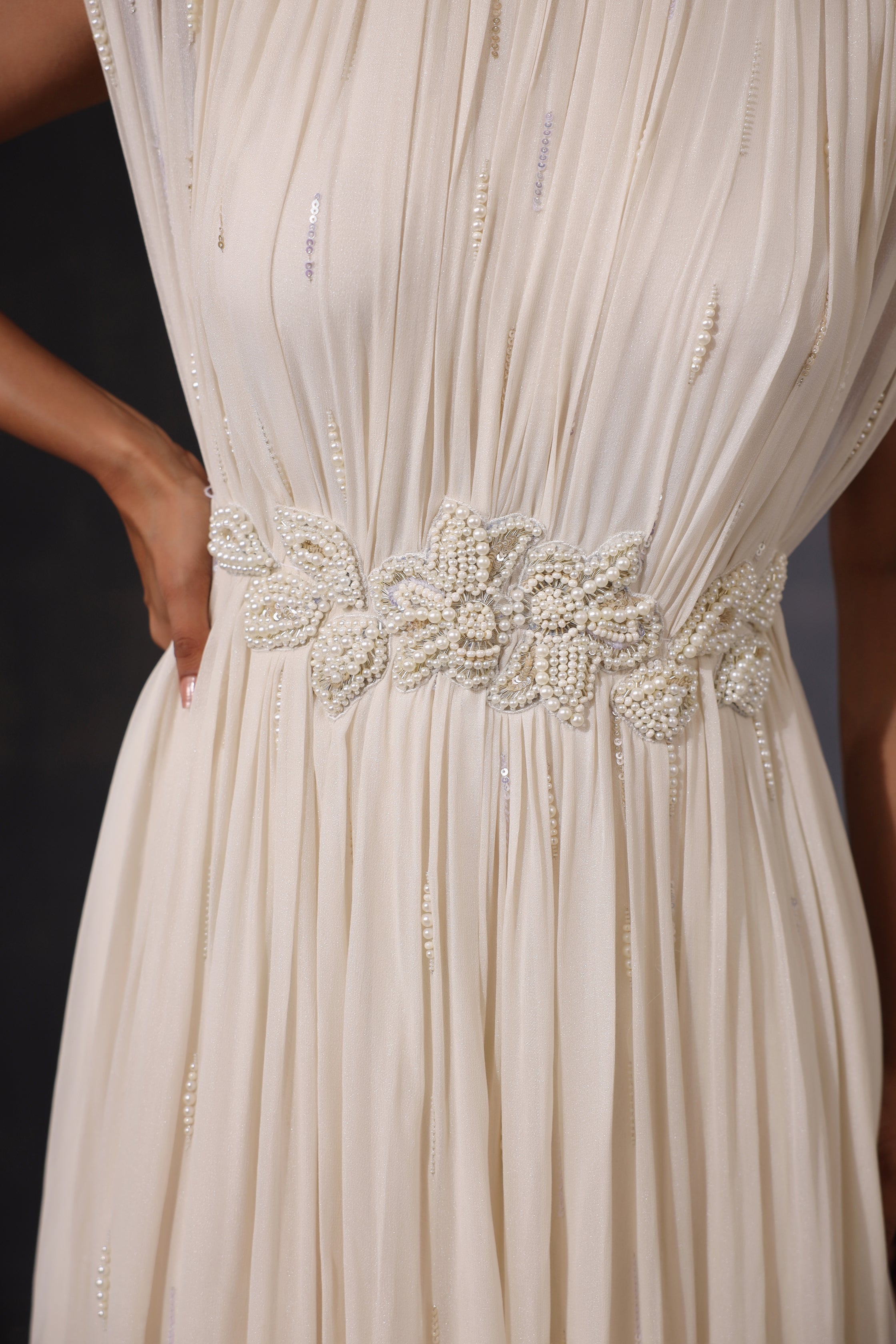 OFF WHITE GEORGETTE PEARL GOWN