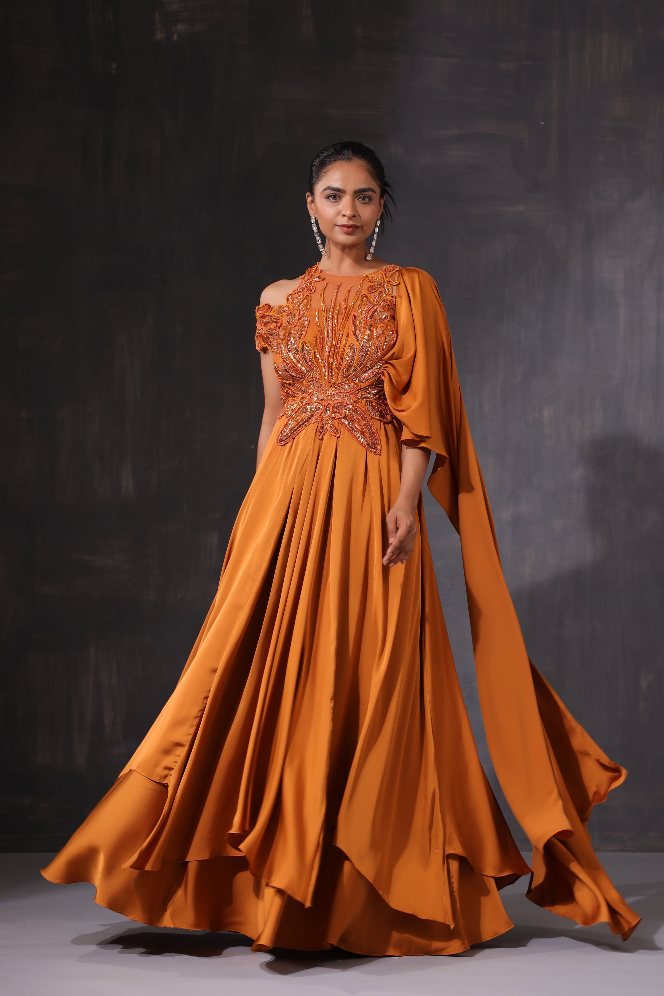 ORANGE APPLIQUE DRAPE SAREE