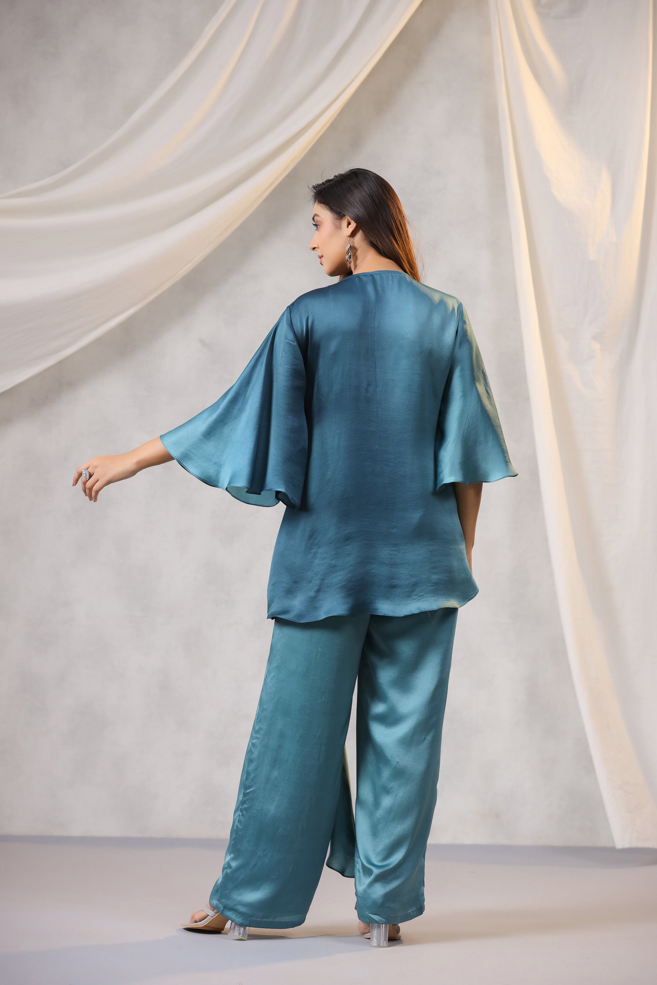 TEAL AQUA BLUE OMBRE SATIN TOP BOTTOM