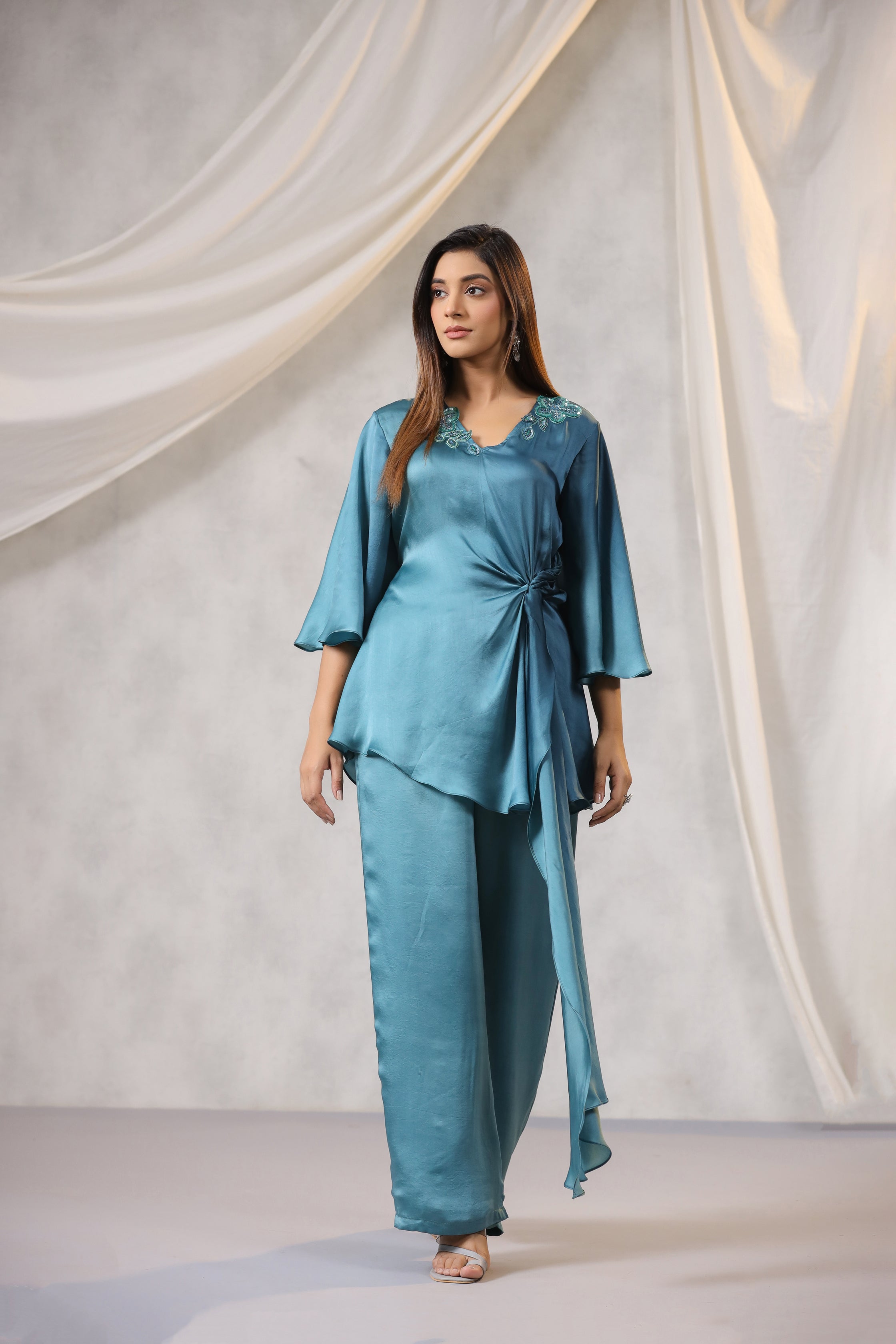 TEAL AQUA BLUE OMBRE SATIN TOP BOTTOM