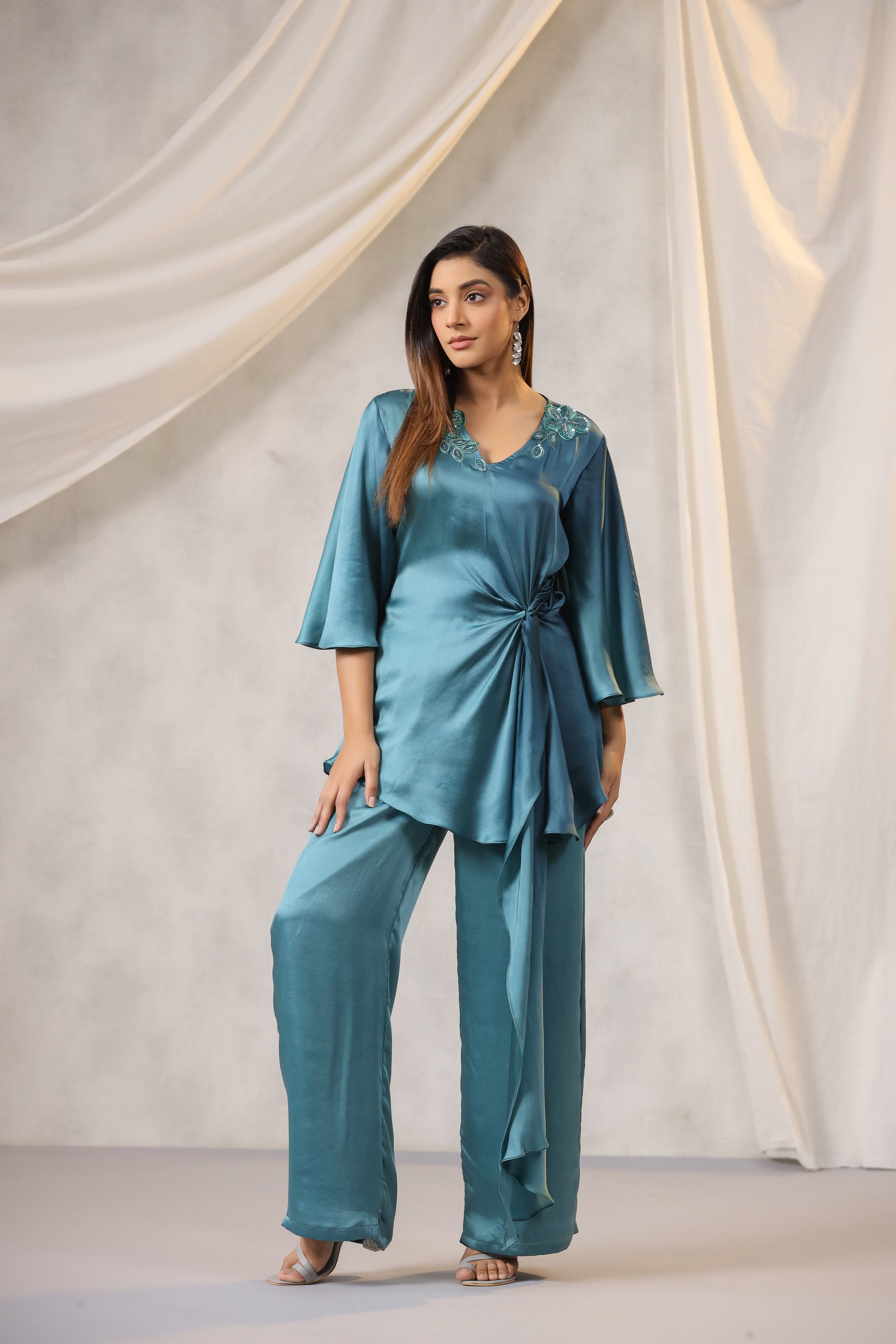 TEAL AQUA BLUE OMBRE SATIN TOP BOTTOM