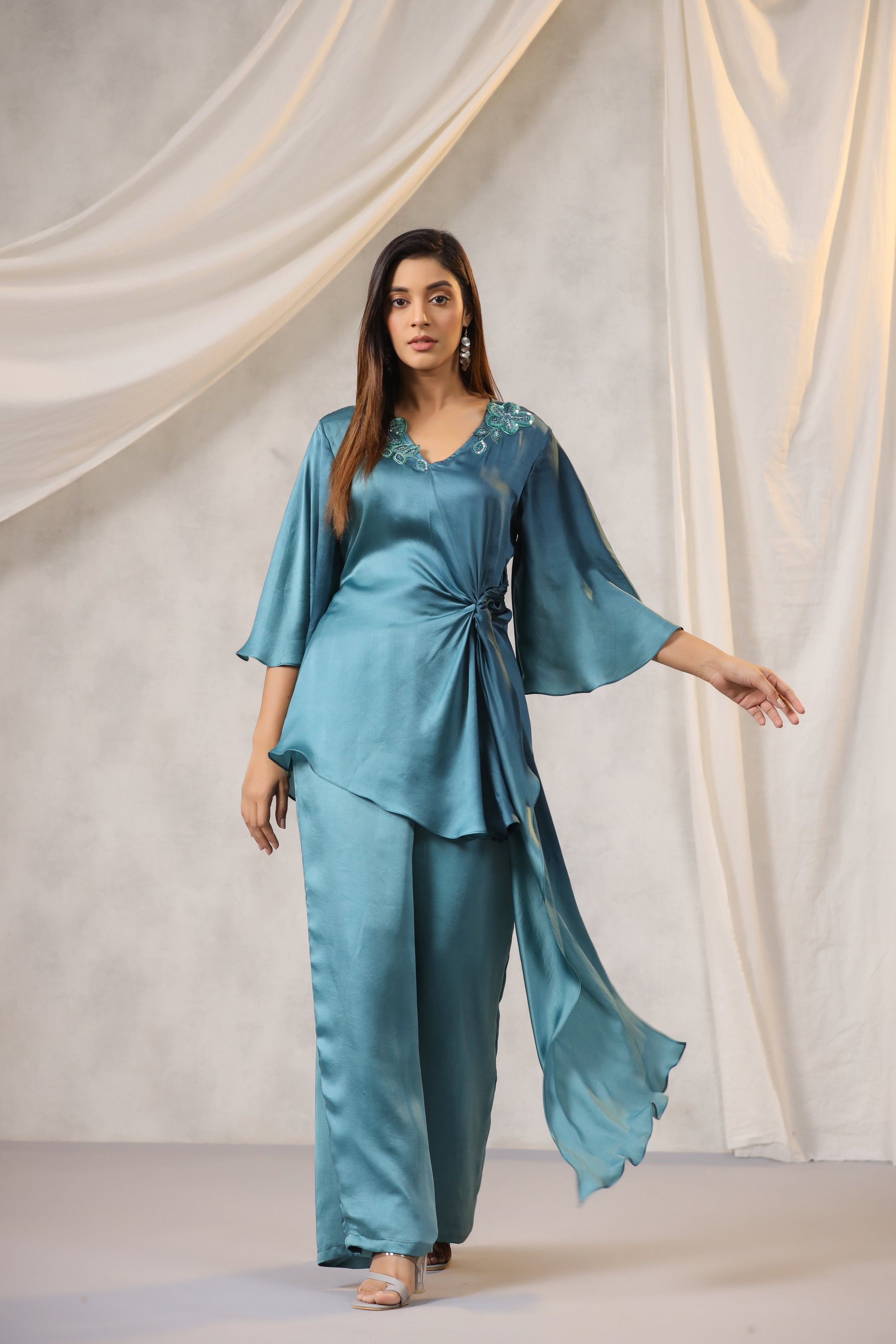 TEAL AQUA BLUE OMBRE SATIN TOP BOTTOM