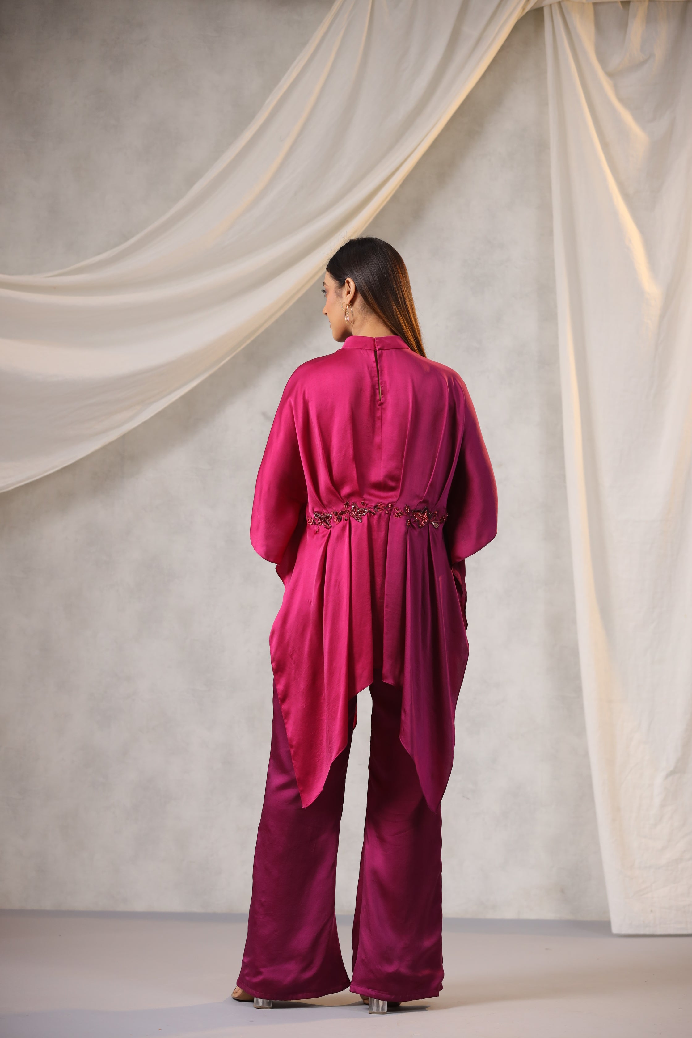PINK WINE OMBRE SATIN CO RD SET WITH FLORAL EMBROIDERY