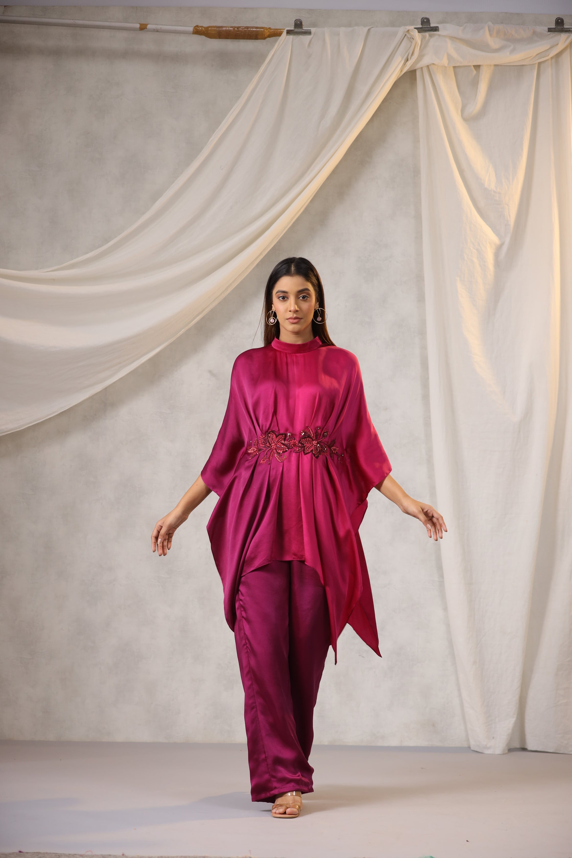 PINK WINE OMBRE SATIN CO RD SET WITH FLORAL EMBROIDERY