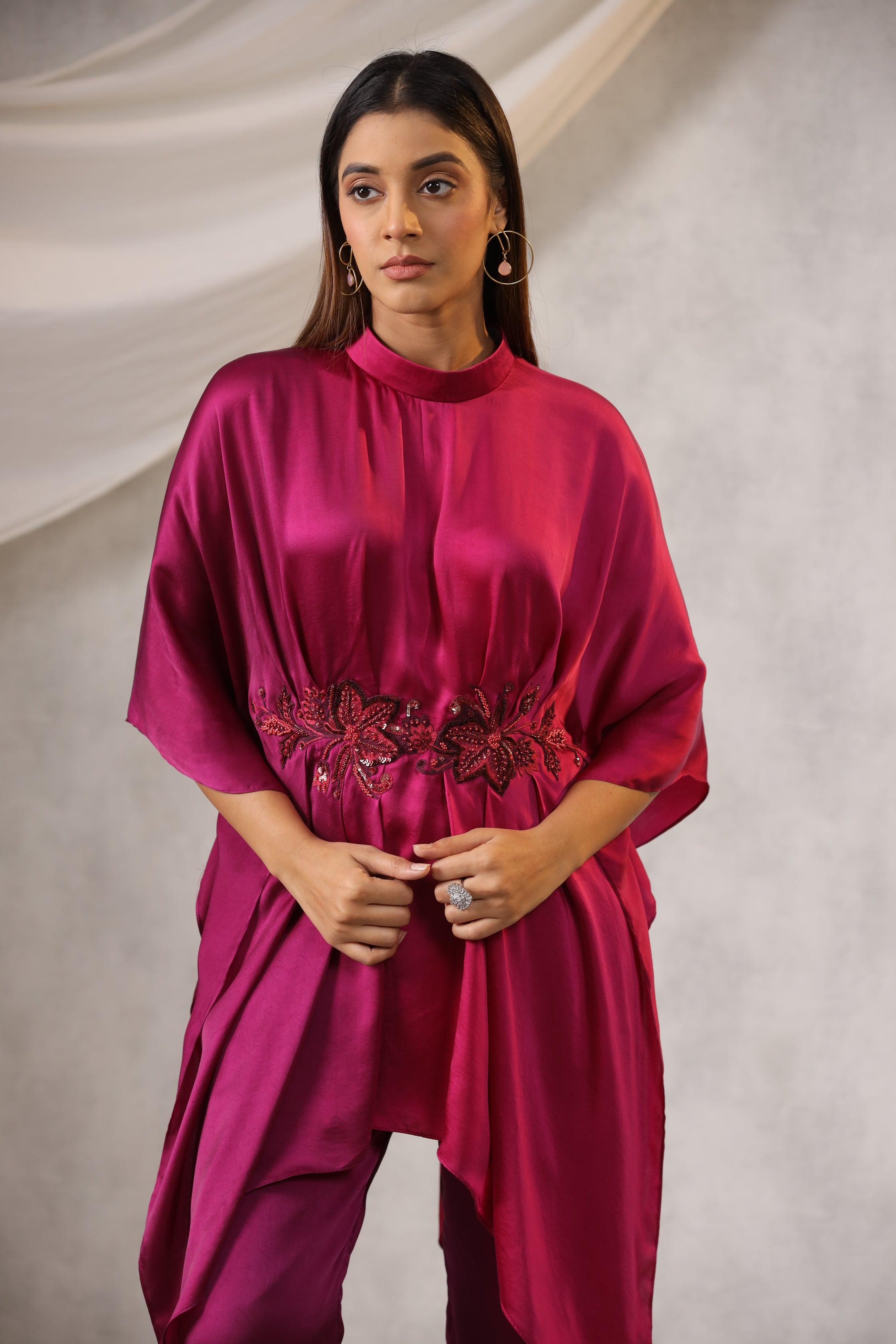 PINK WINE OMBRE SATIN CO RD SET WITH FLORAL EMBROIDERY