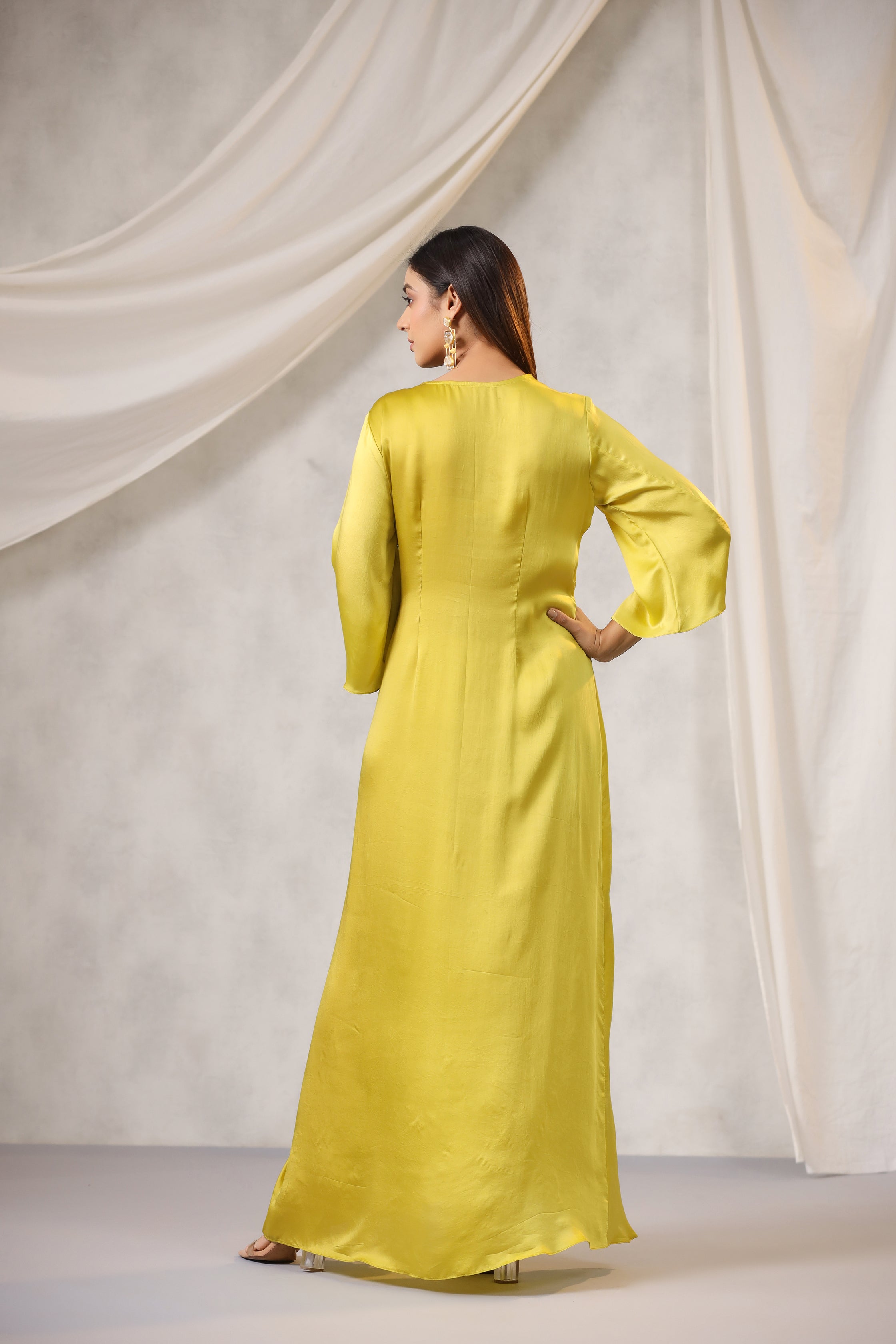 OMBRE LIME GREEN DRAPED DRESS