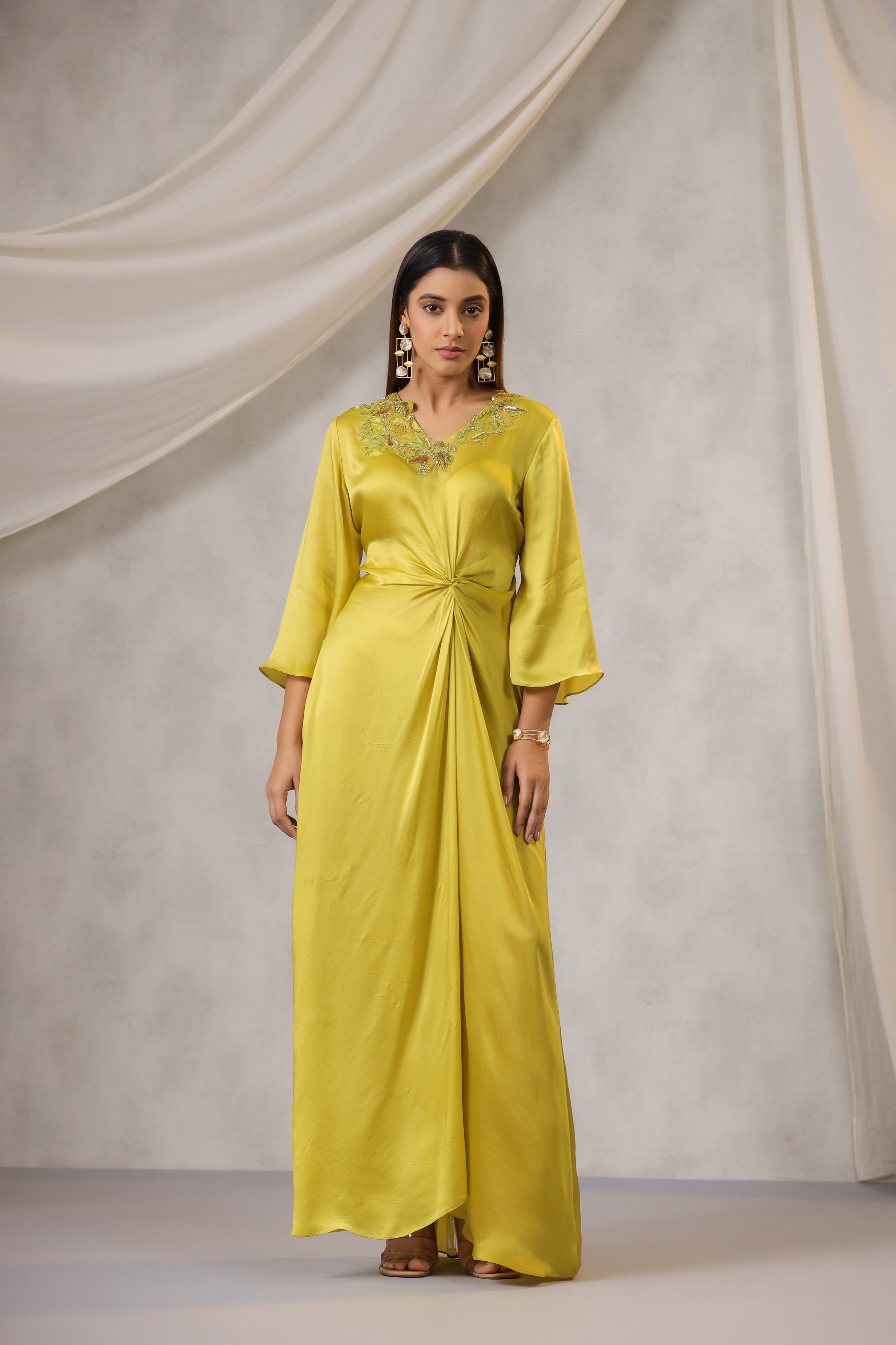 OMBRE LIME GREEN DRAPED DRESS