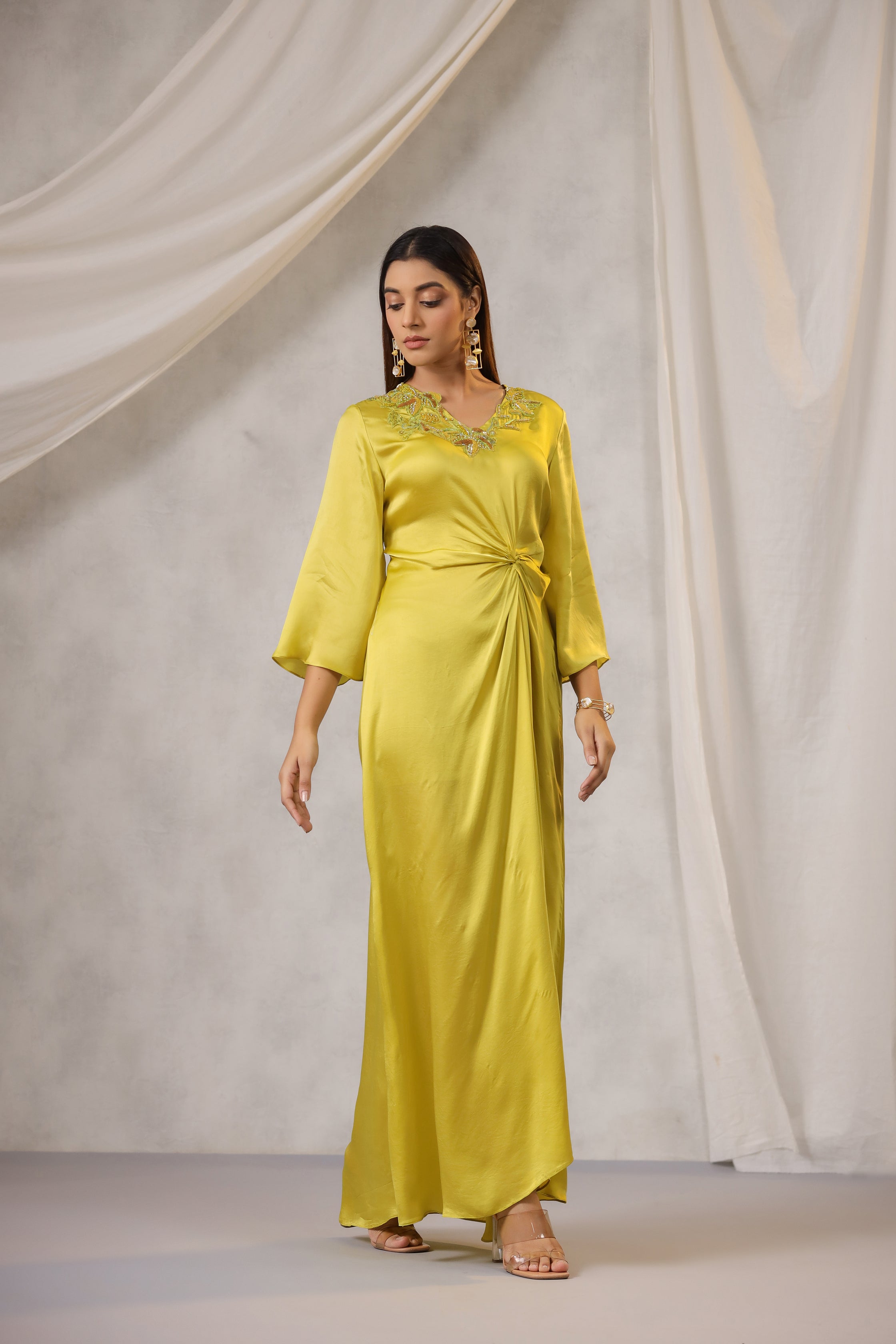 OMBRE LIME GREEN DRAPED DRESS