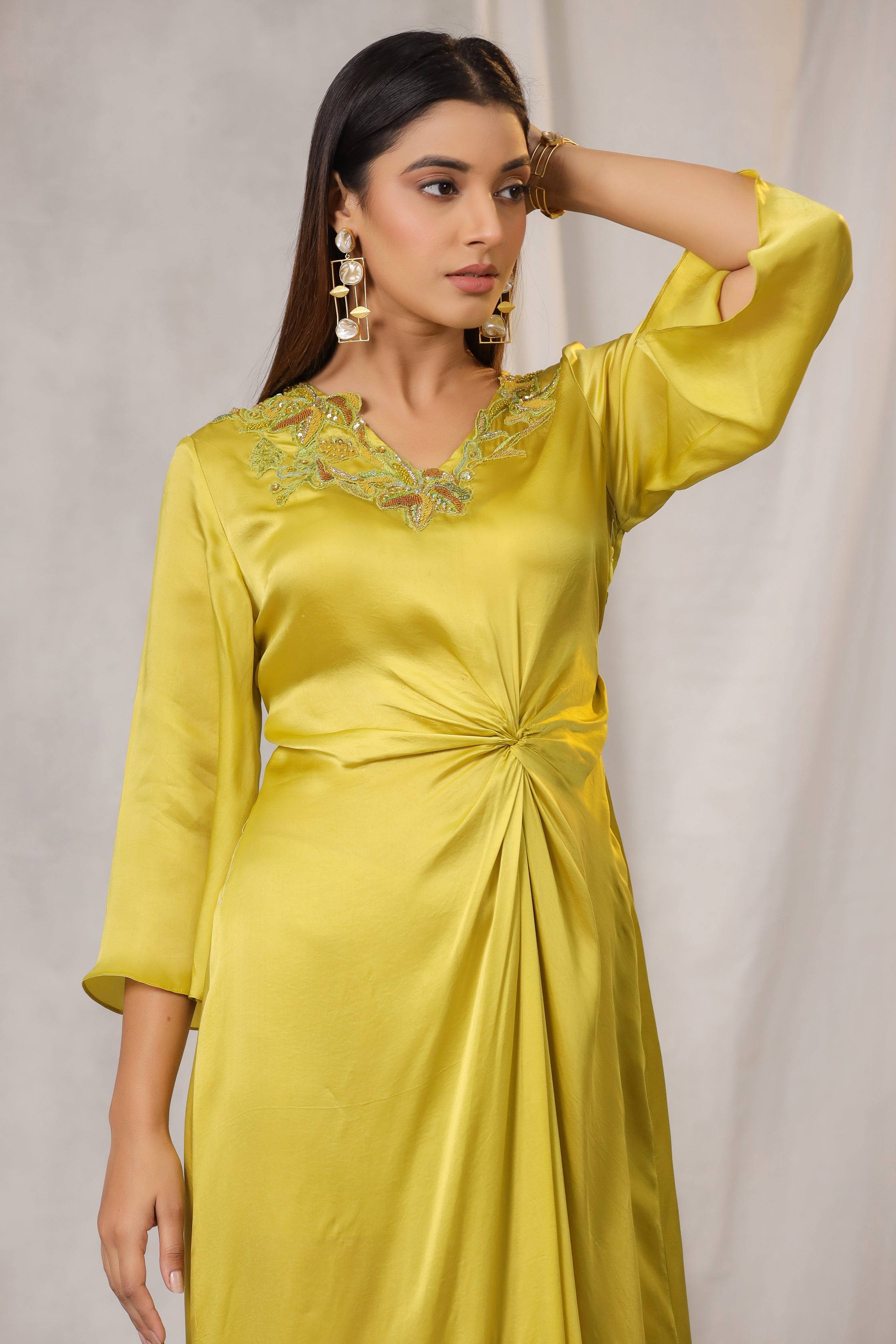 OMBRE LIME GREEN DRAPED DRESS