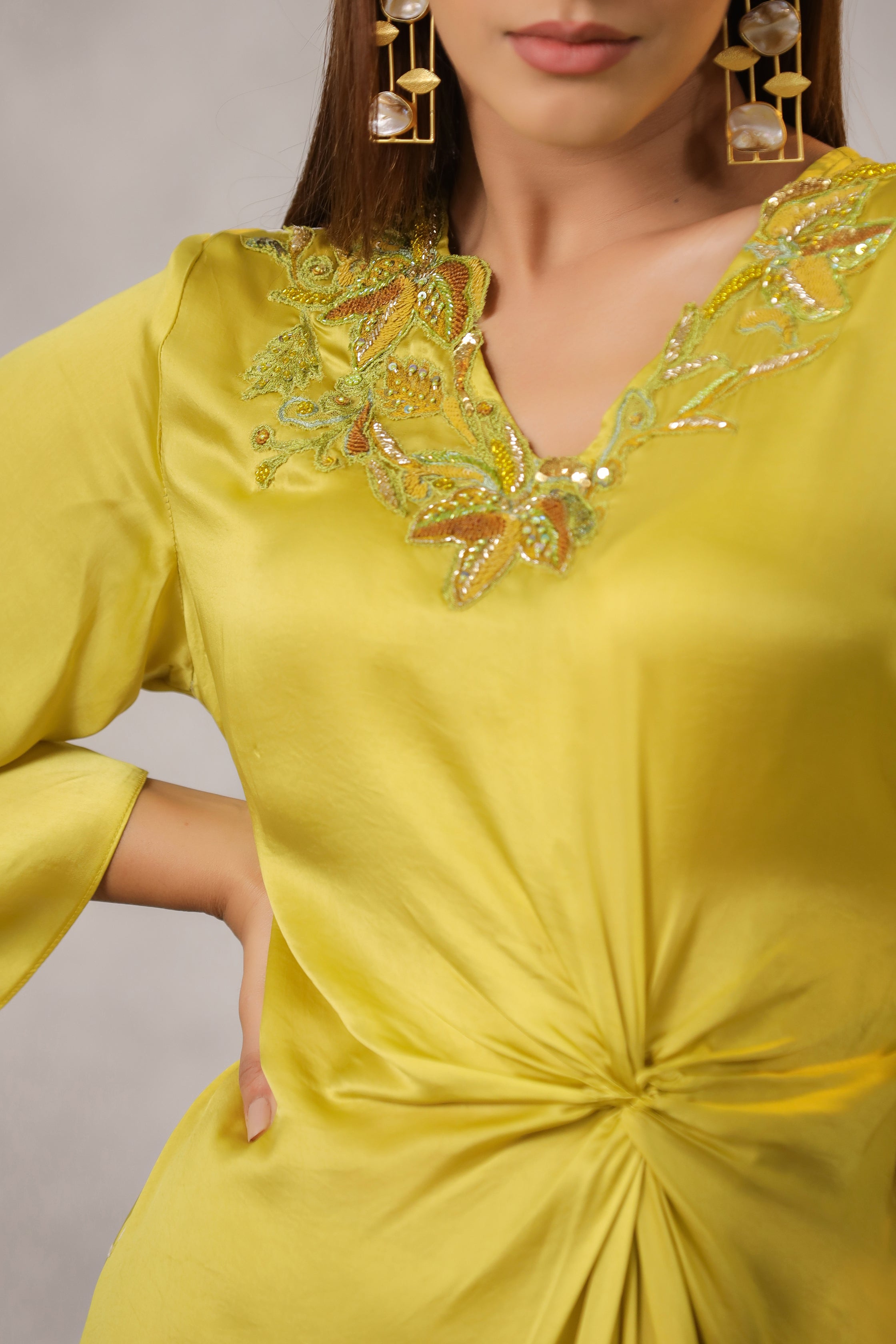 OMBRE LIME GREEN DRAPED DRESS