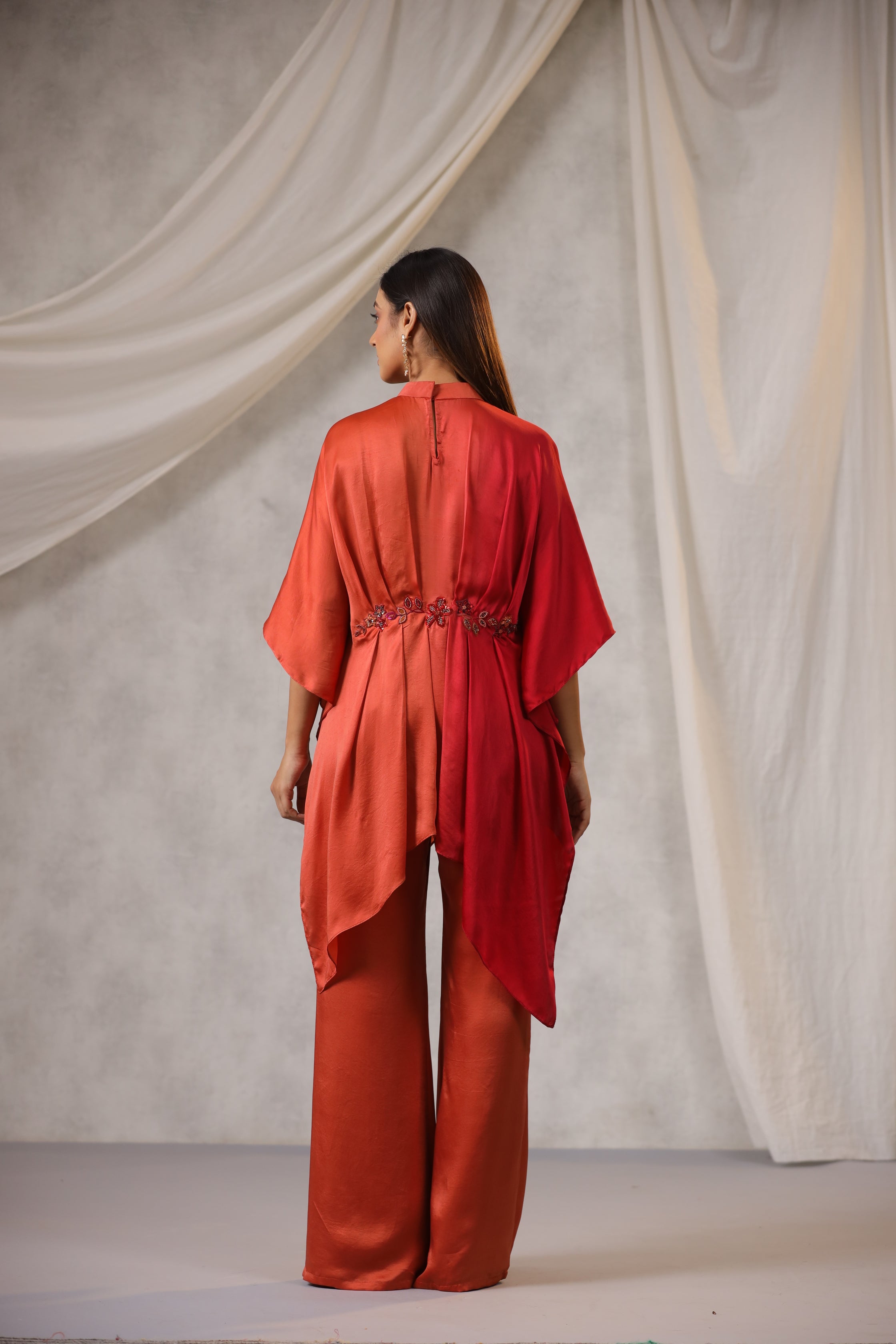 ORANGE AND RED OMBRE SATIN CO RD SET WITH FLORAL EMBROIDERY