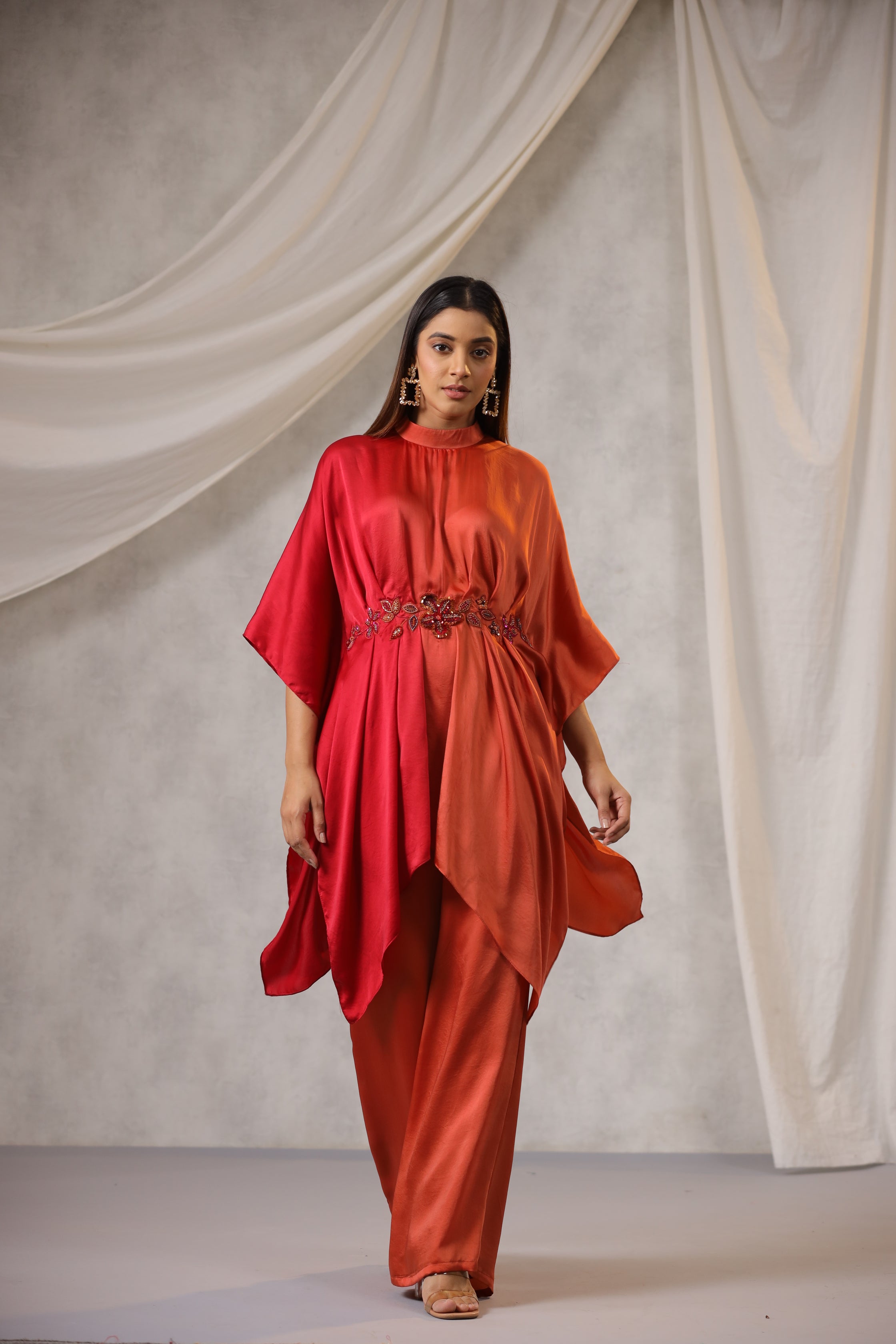 ORANGE AND RED OMBRE SATIN CO RD SET WITH FLORAL EMBROIDERY