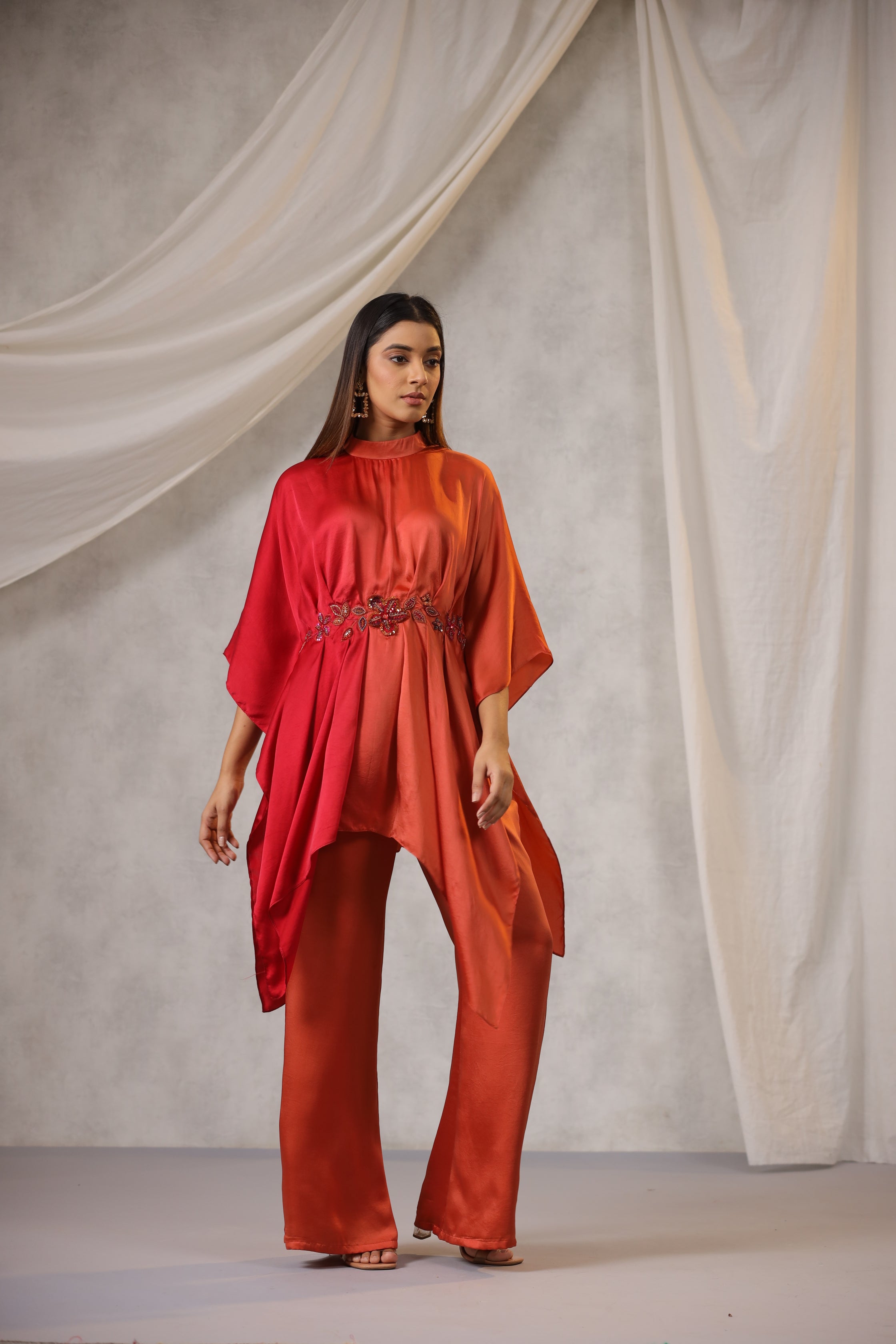 ORANGE AND RED OMBRE SATIN CO RD SET WITH FLORAL EMBROIDERY