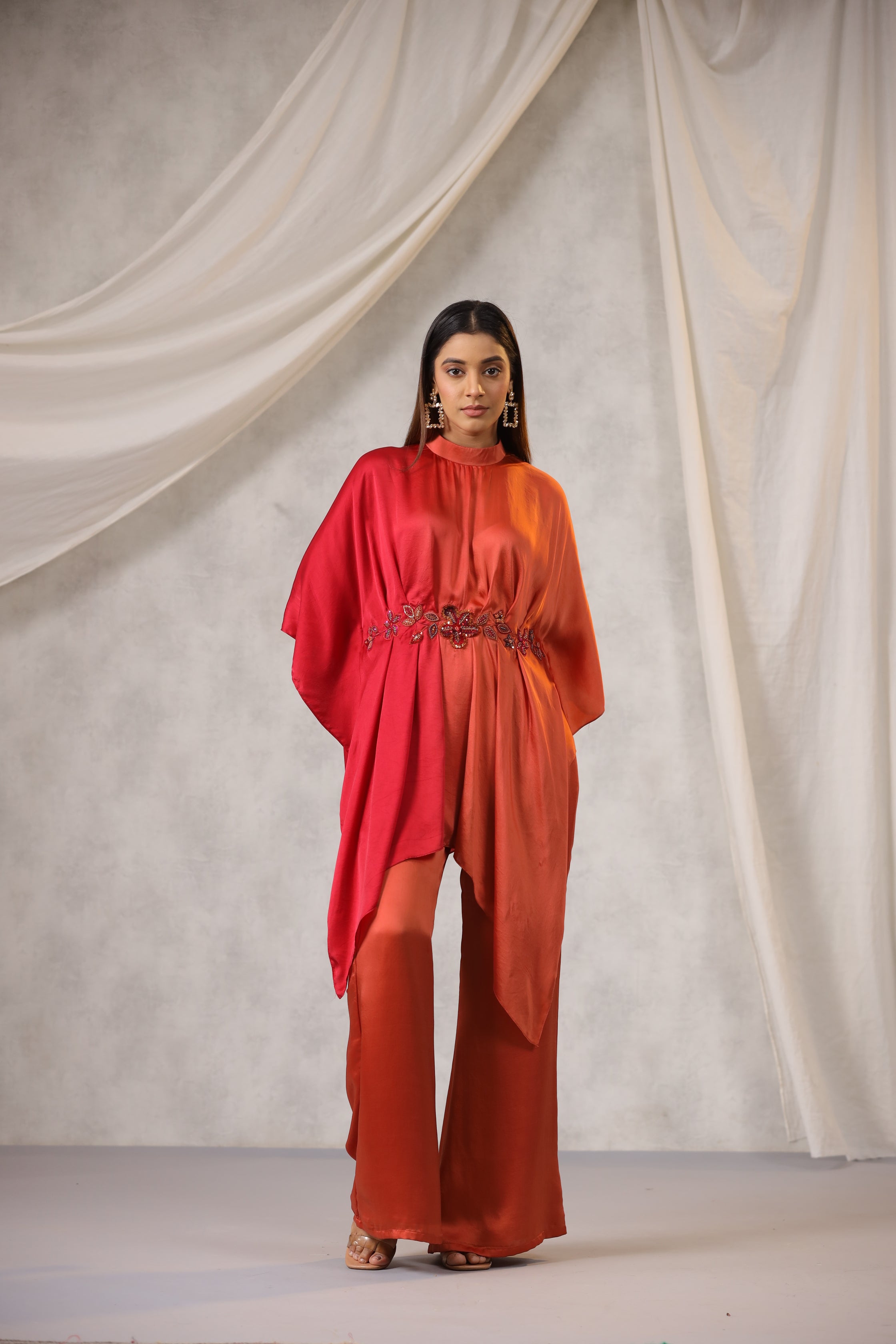ORANGE AND RED OMBRE SATIN CO RD SET WITH FLORAL EMBROIDERY