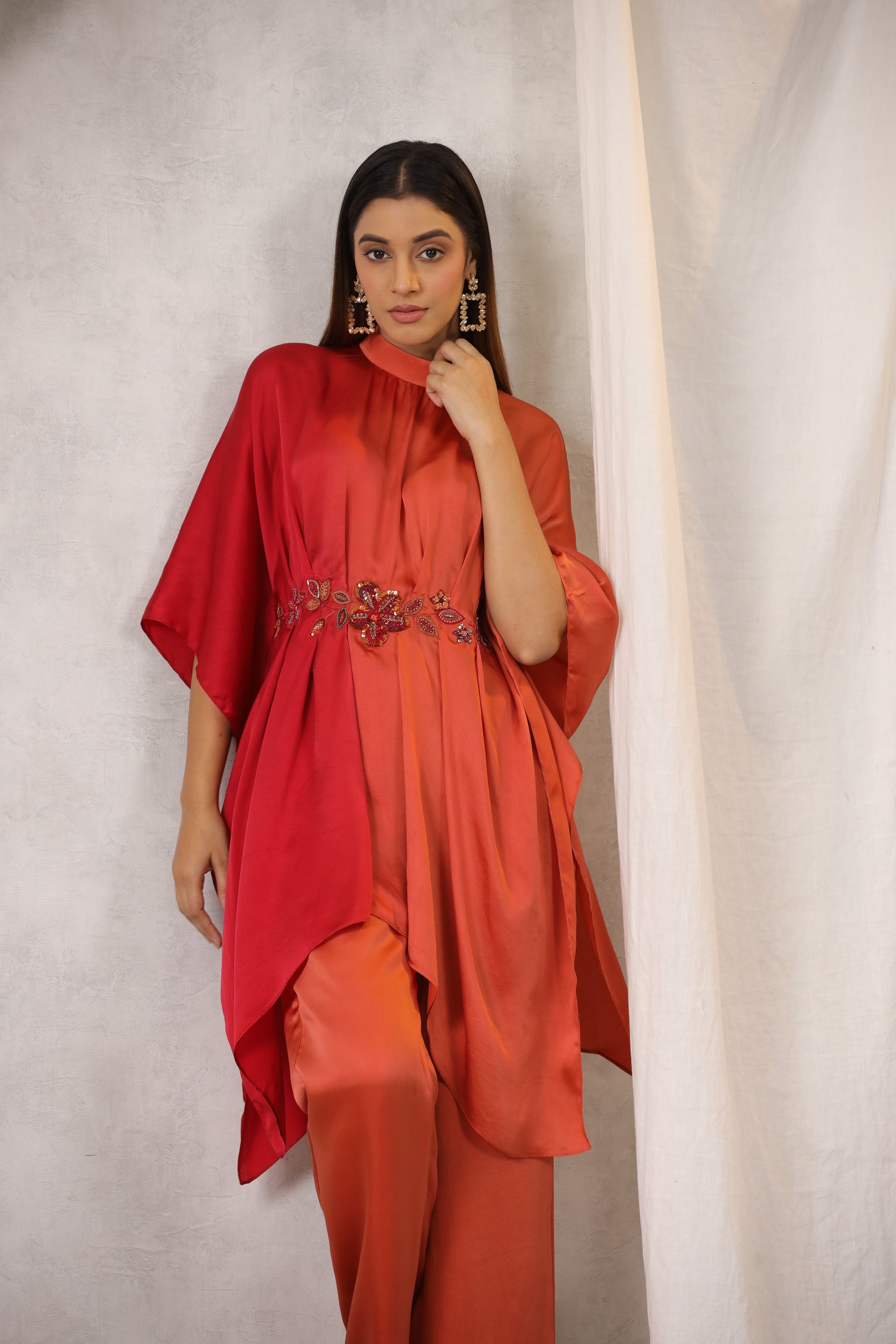 ORANGE AND RED OMBRE SATIN CO RD SET WITH FLORAL EMBROIDERY