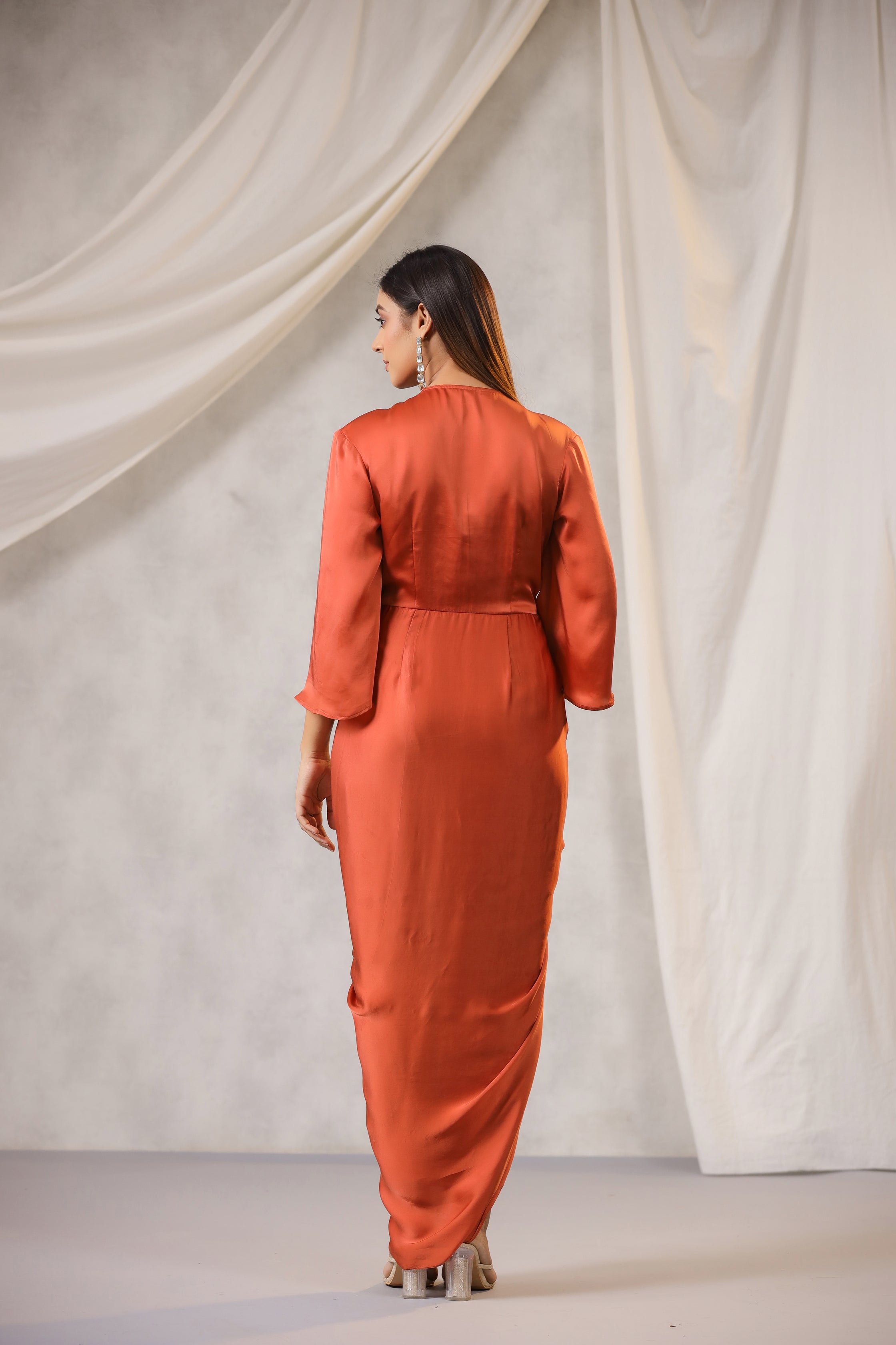 RUST SATIN DRAPED DRESS