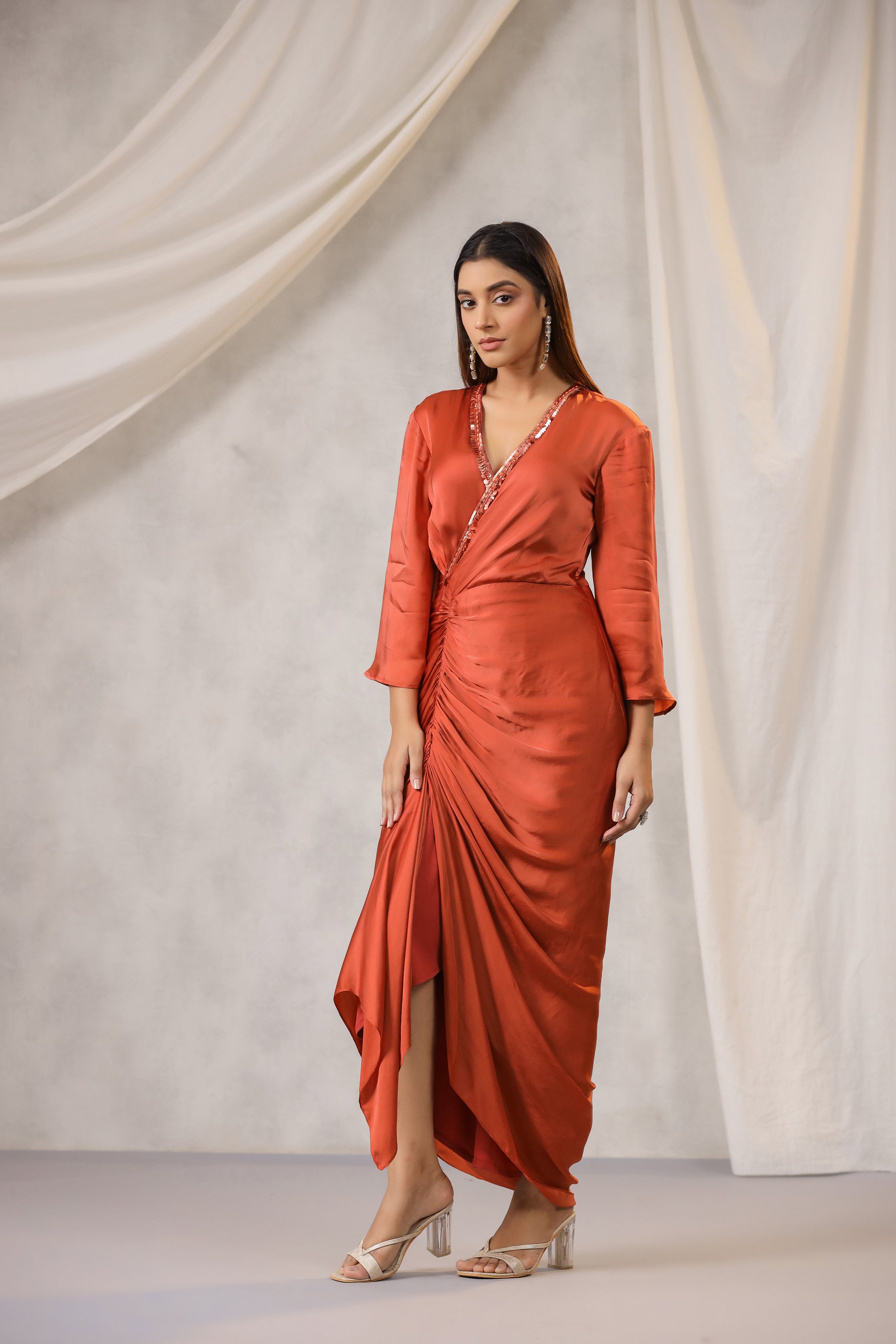 RUST SATIN DRAPED DRESS