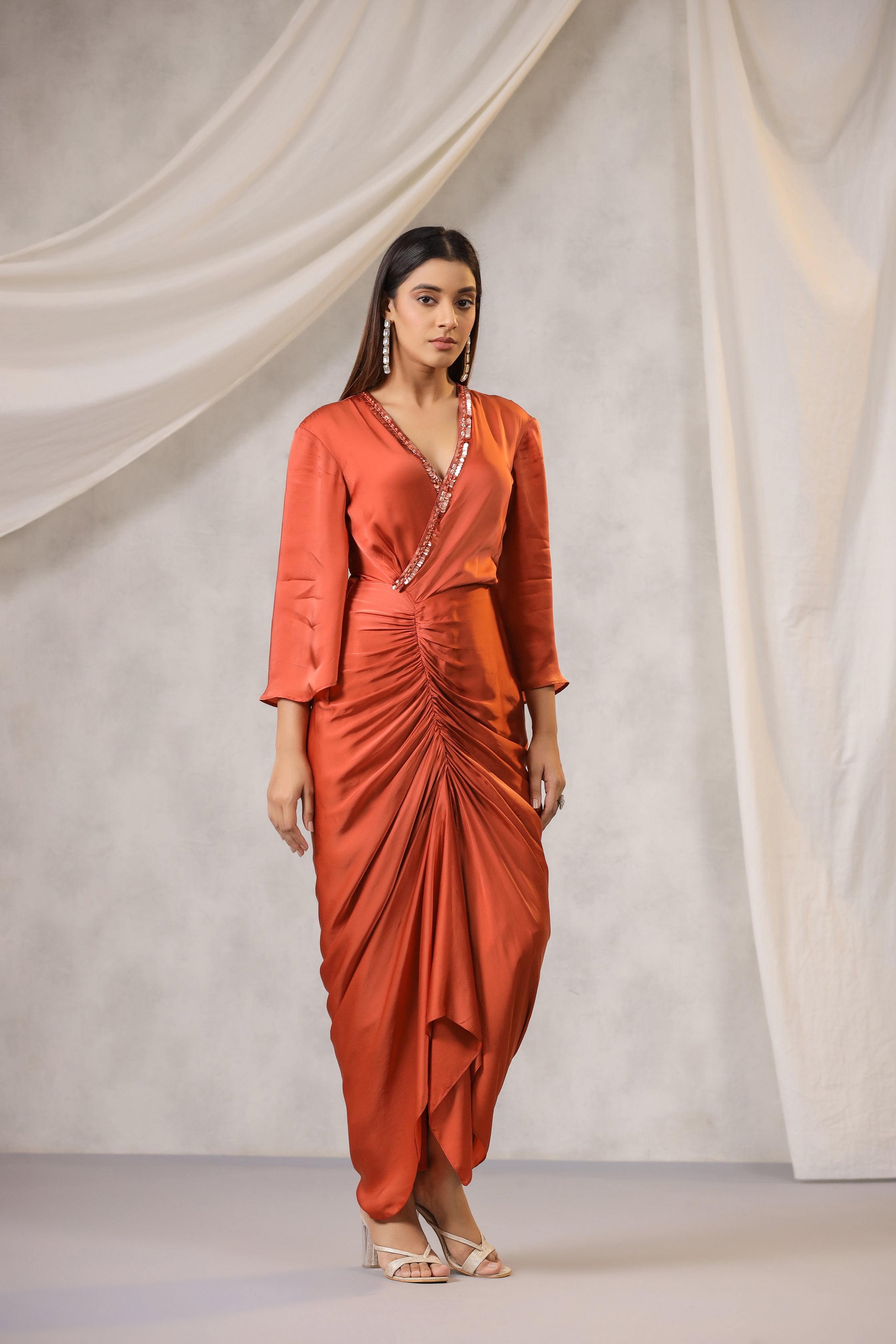 RUST SATIN DRAPED DRESS