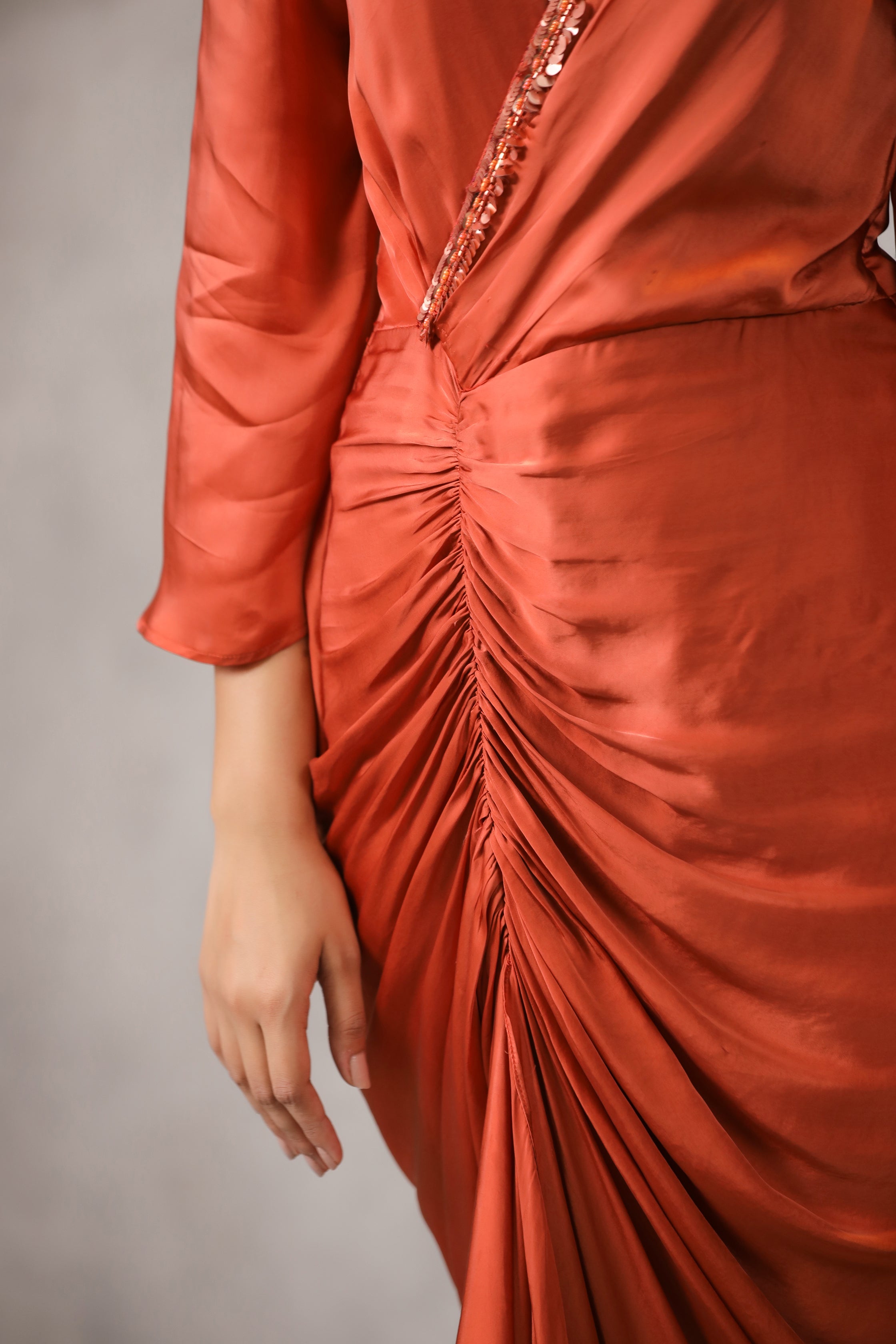 RUST SATIN DRAPED DRESS