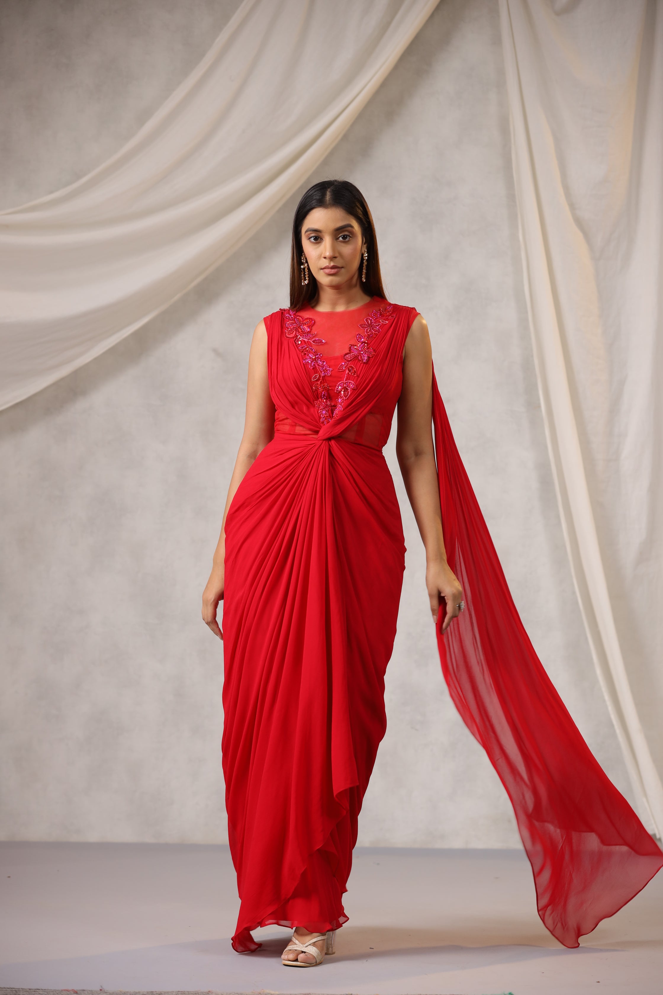 RED GEORGETTE DRAPED SAREE