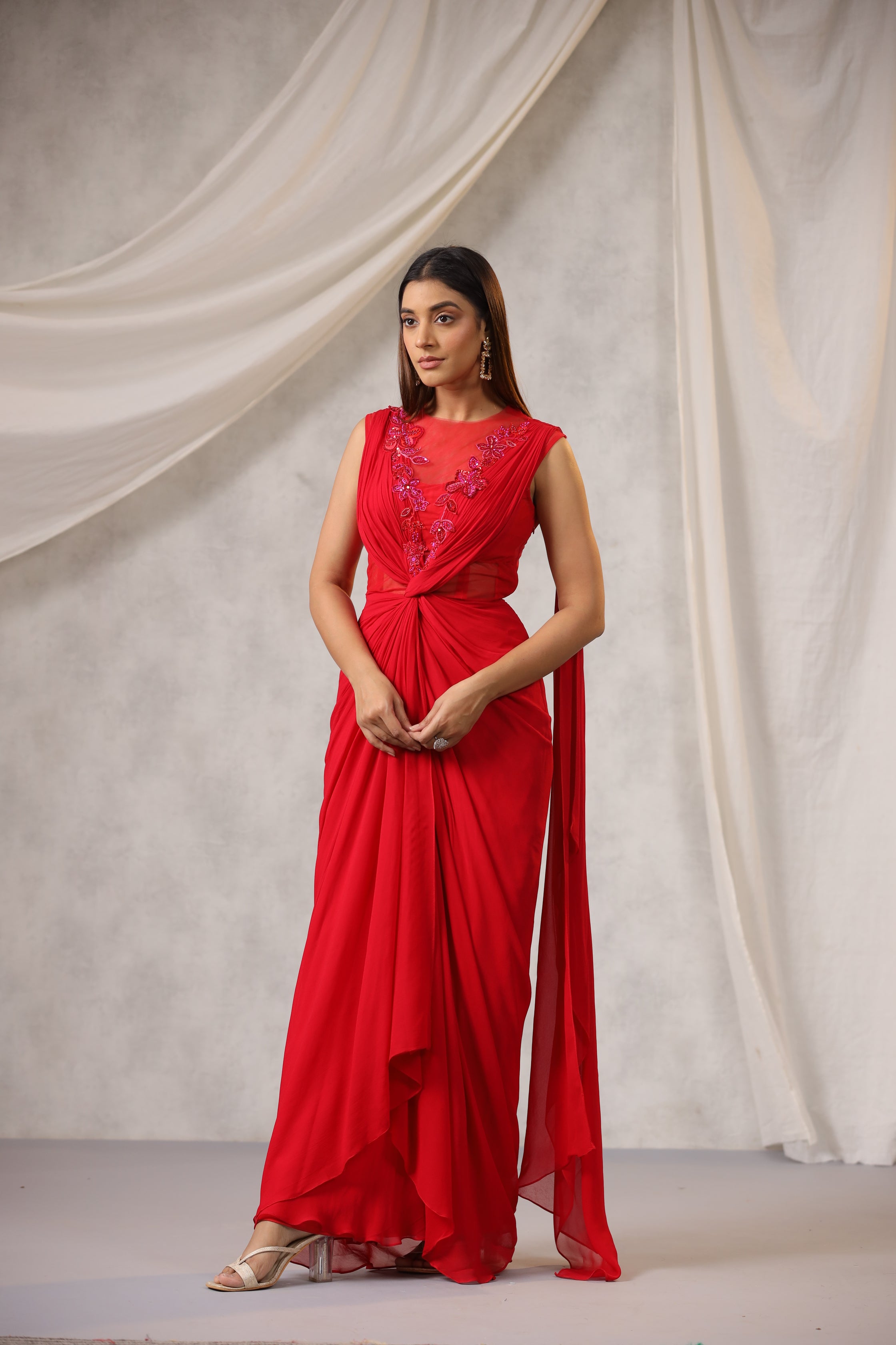 RED GEORGETTE DRAPED SAREE