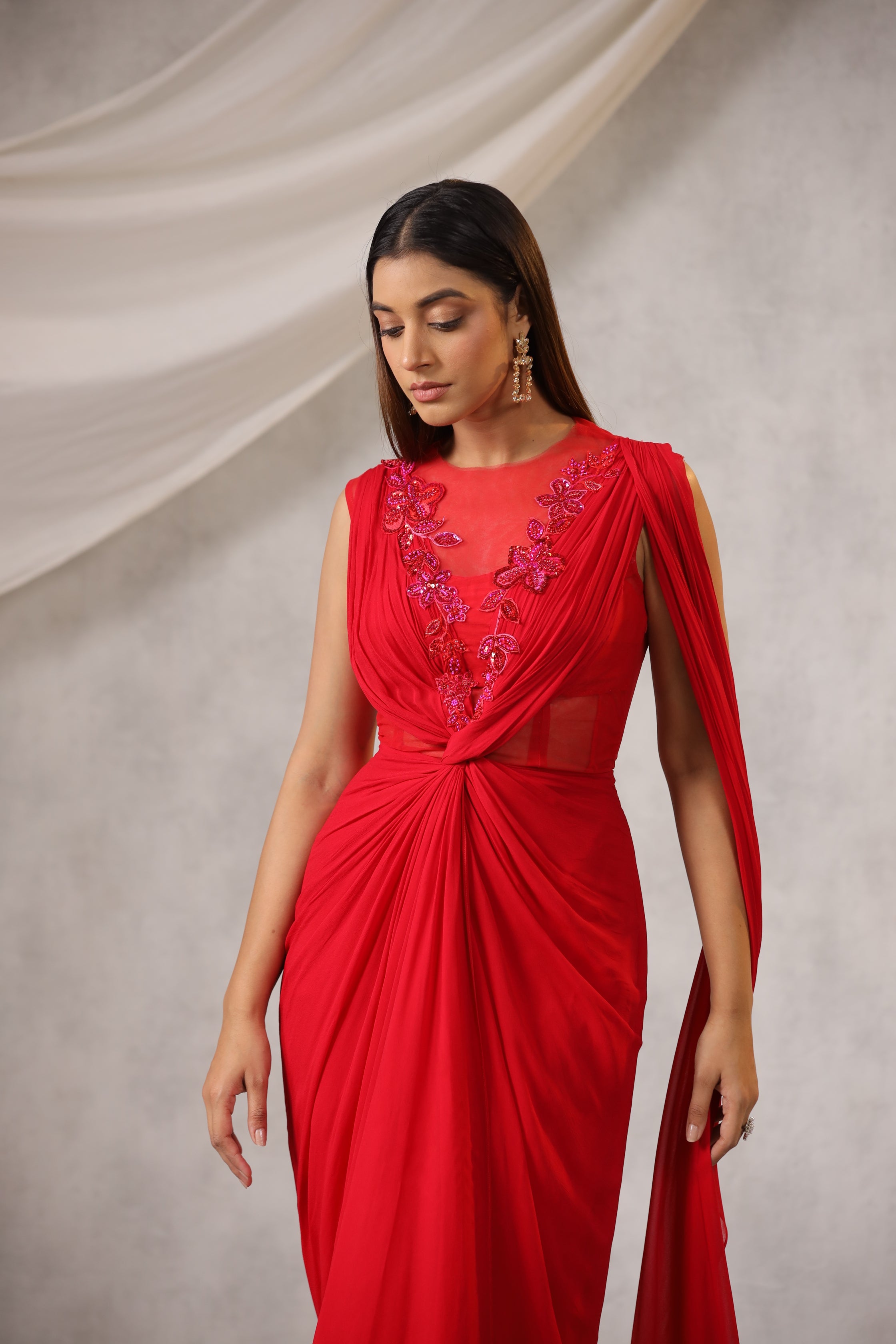 RED GEORGETTE DRAPED SAREE