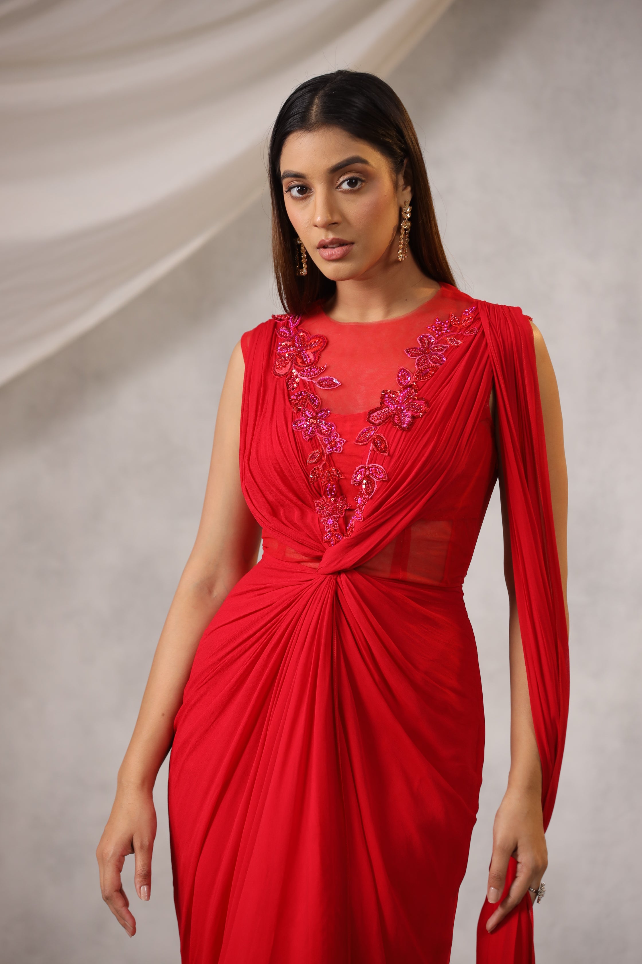 RED GEORGETTE DRAPED SAREE