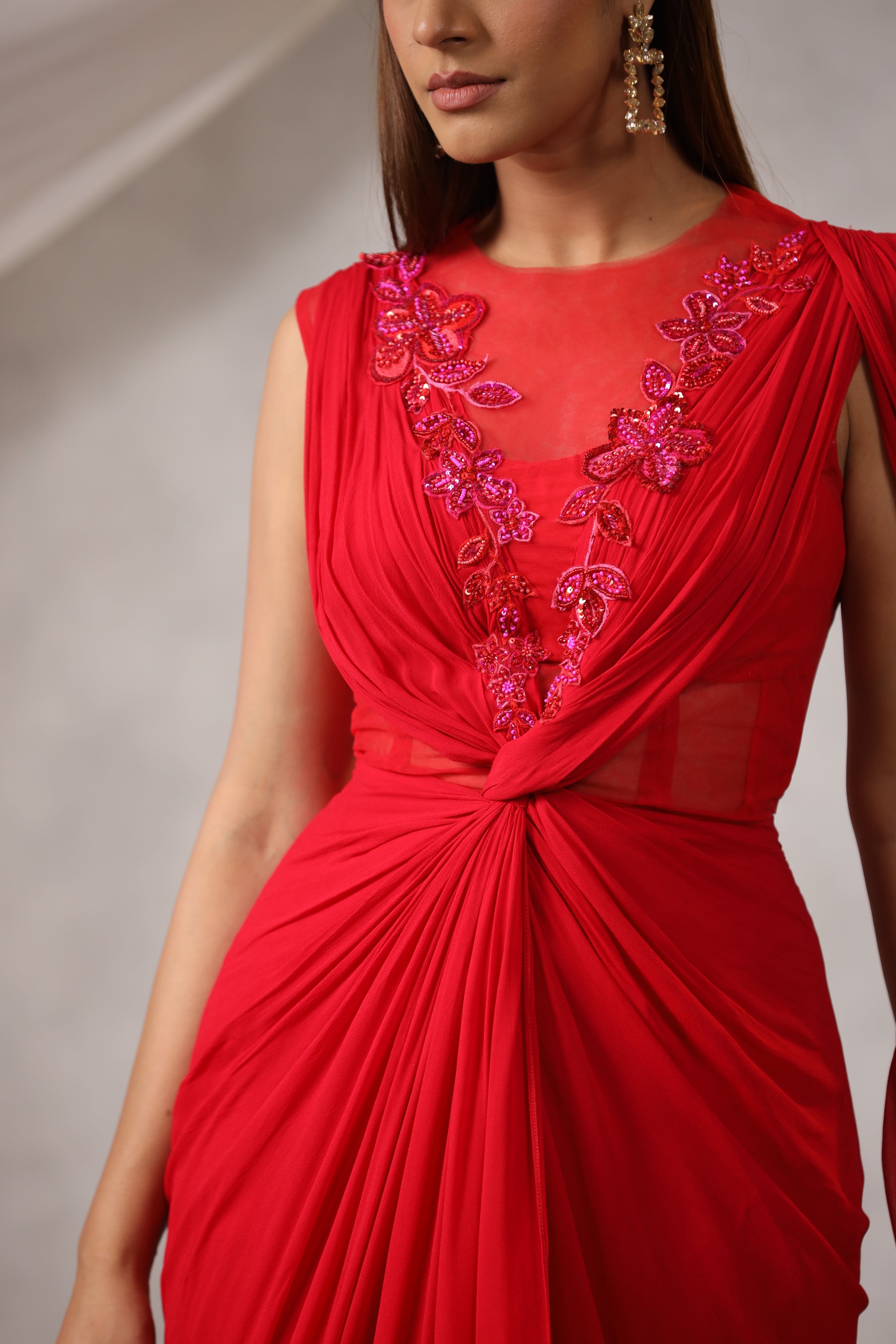 RED GEORGETTE DRAPED SAREE